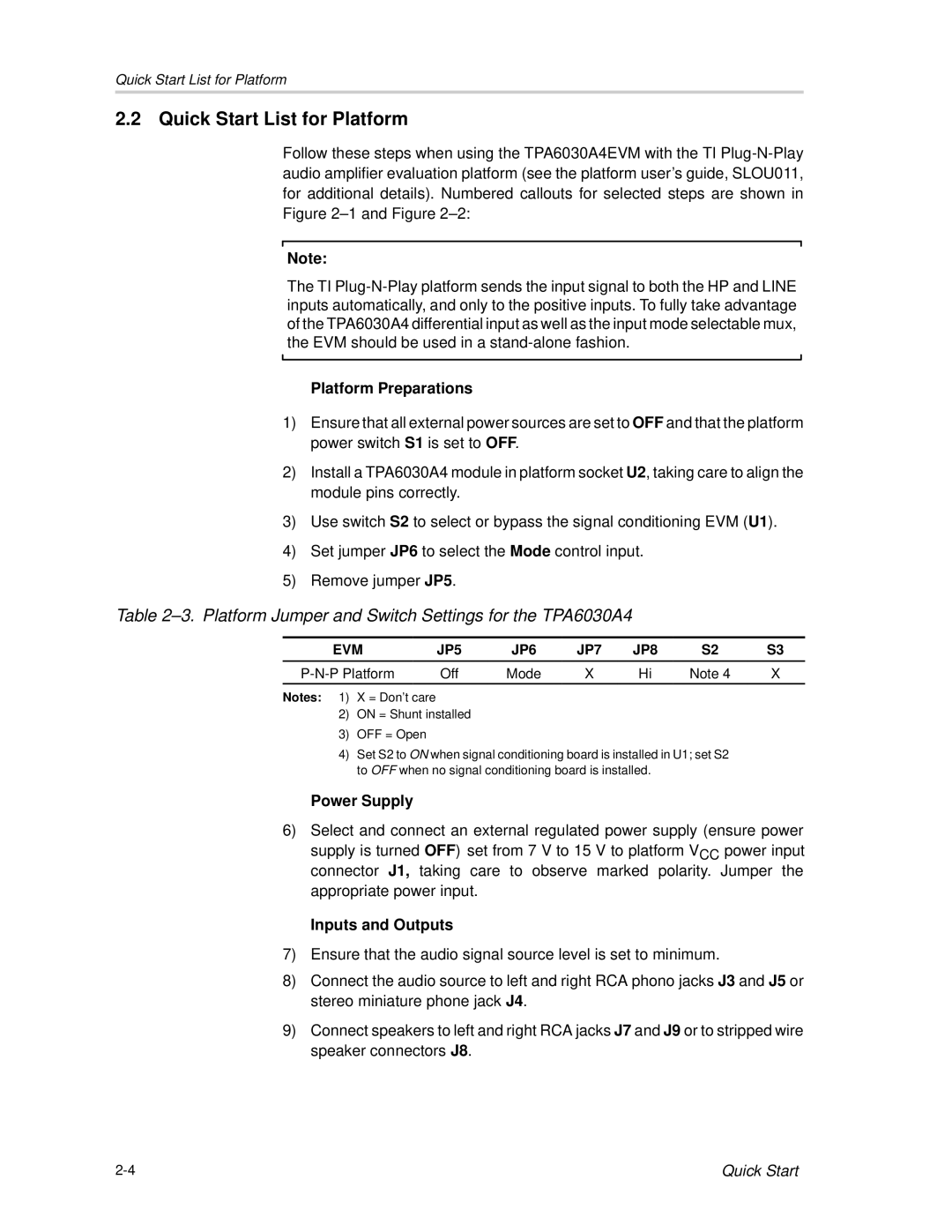 Texas Instruments TPA6030A4 manual Quick Start List for Platform, Platform Preparations 