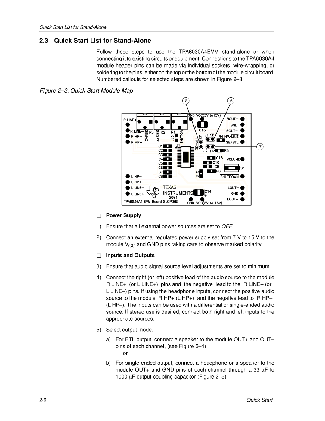 Texas Instruments TPA6030A4 manual Quick Start List for Stand-Alone, Quick Start Module Map 