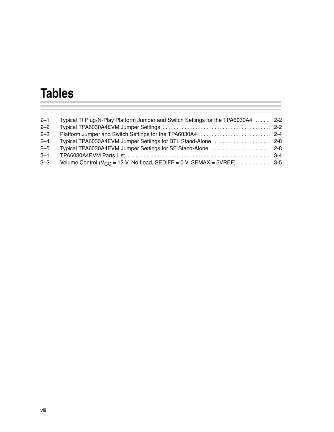 Texas Instruments TPA6030A4 manual Tables 