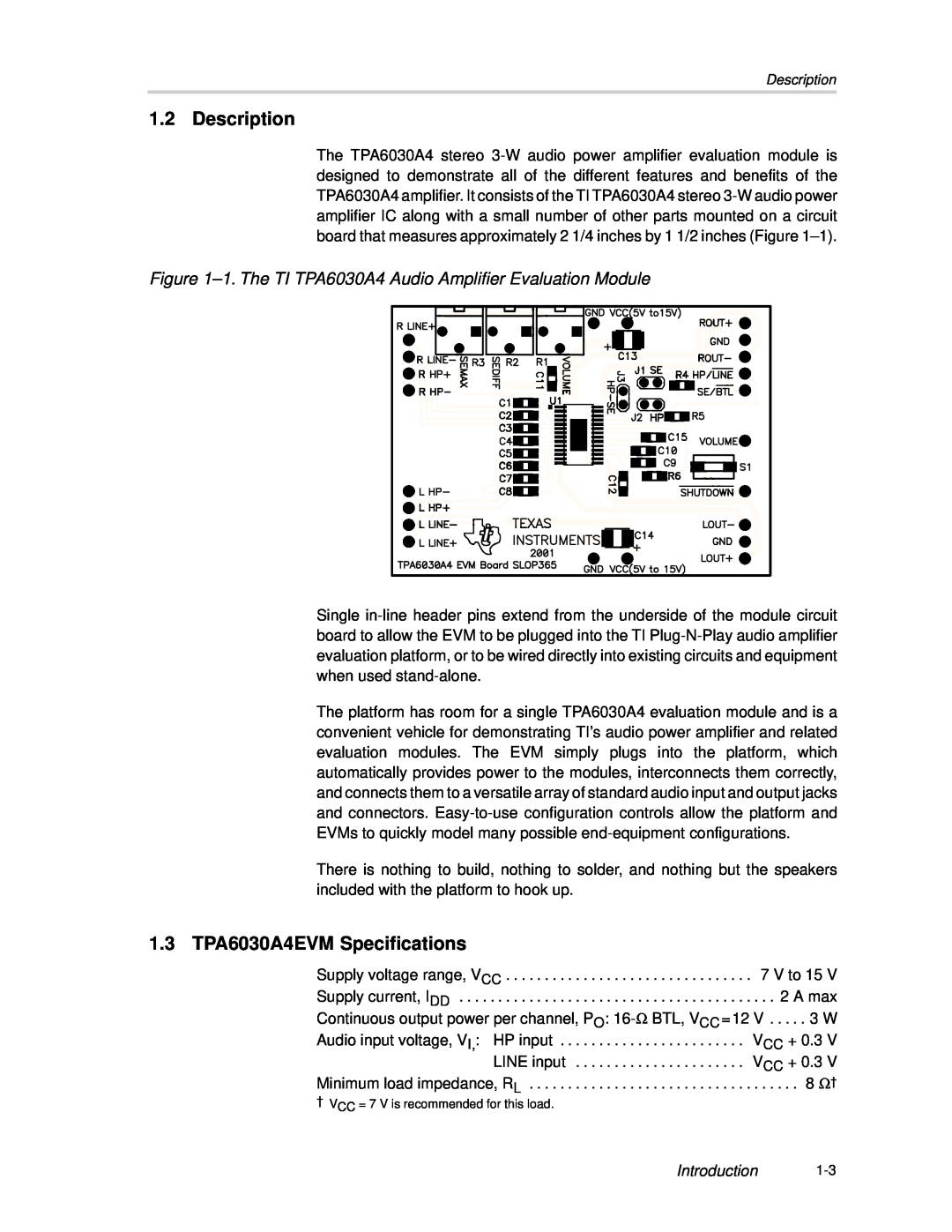 Texas Instruments manual Description, 1.3 TPA6030A4EVM Specifications, Introduction 