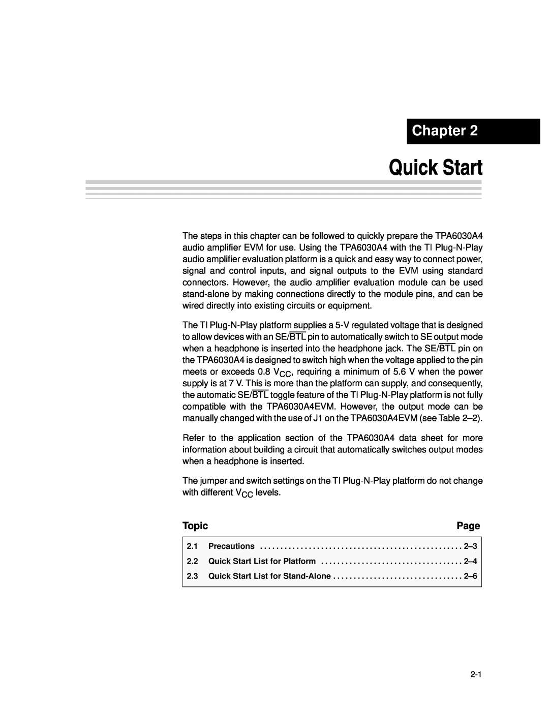 Texas Instruments TPA6030A4 manual Quick Start, Chapter, Page, Topic 