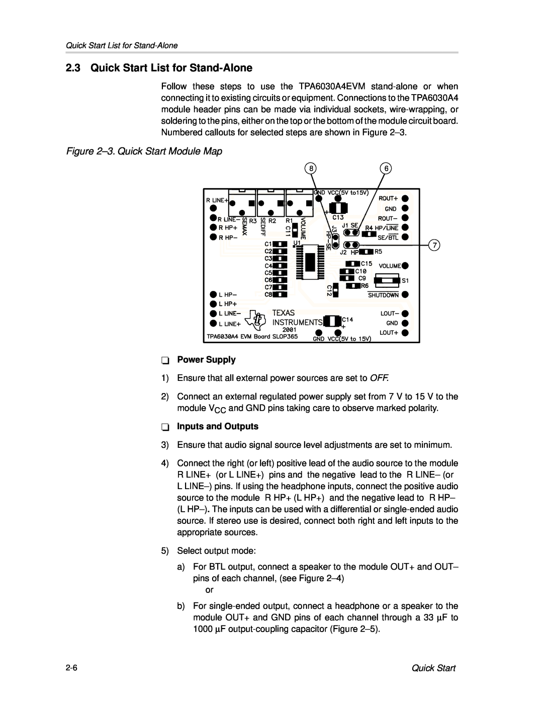 Texas Instruments TPA6030A4 manual Quick Start List for Stand-Alone, 3.Quick Start Module Map 