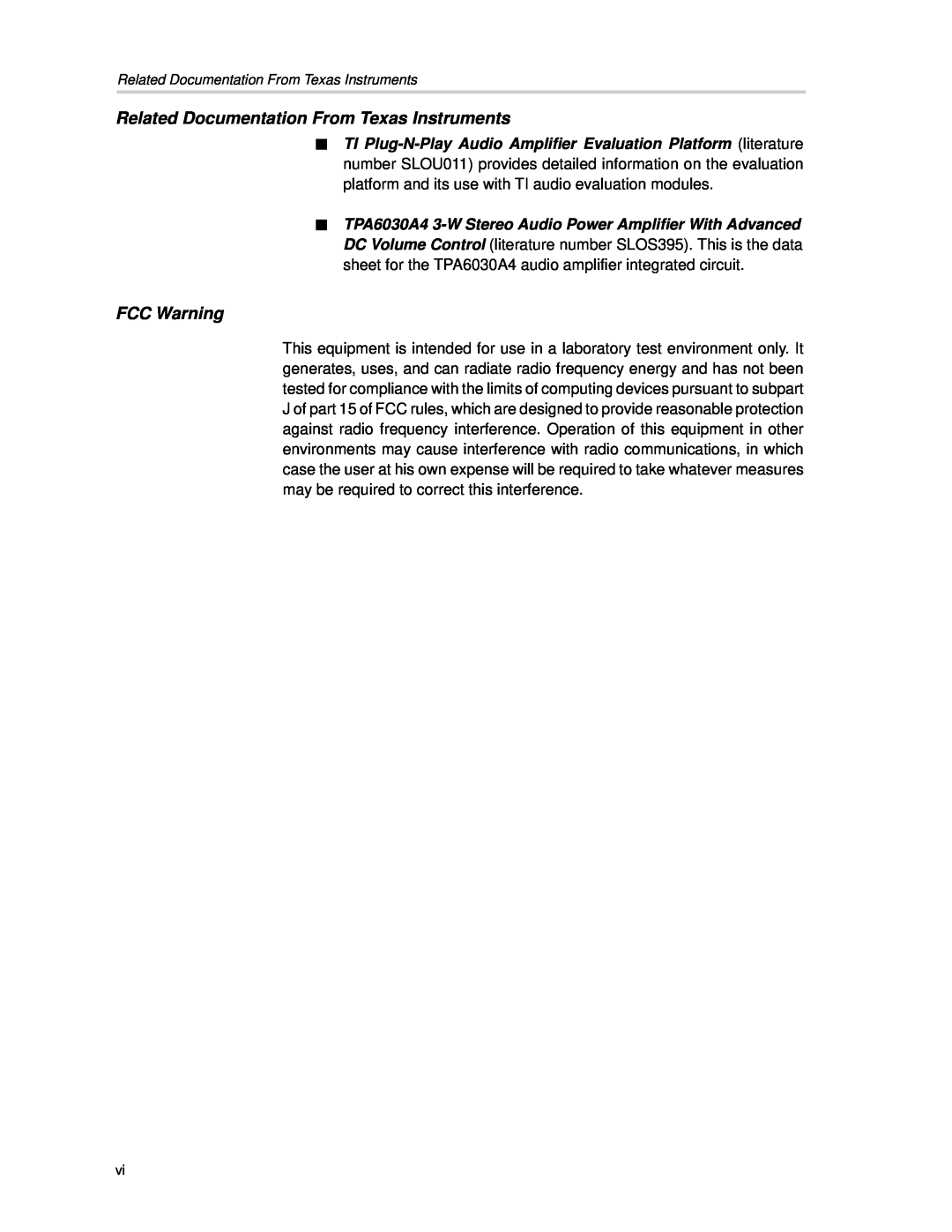 Texas Instruments TPA6030A4 manual Related Documentation From Texas Instruments, FCC Warning 