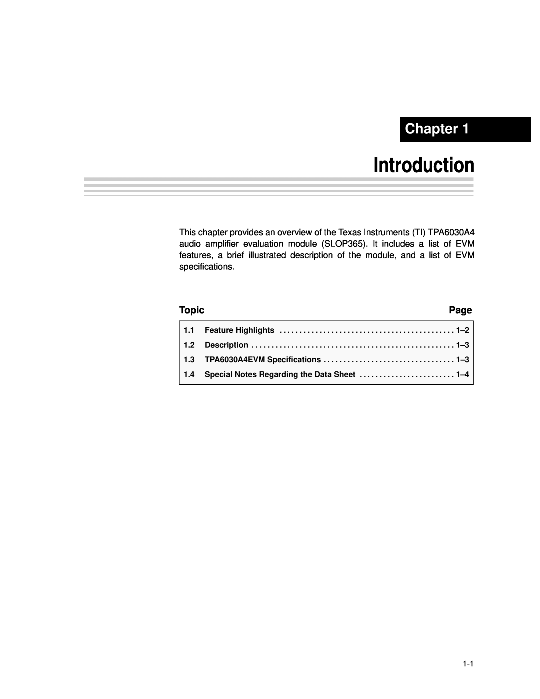Texas Instruments TPA6030A4 manual Introduction, Chapter, Page, Topic 