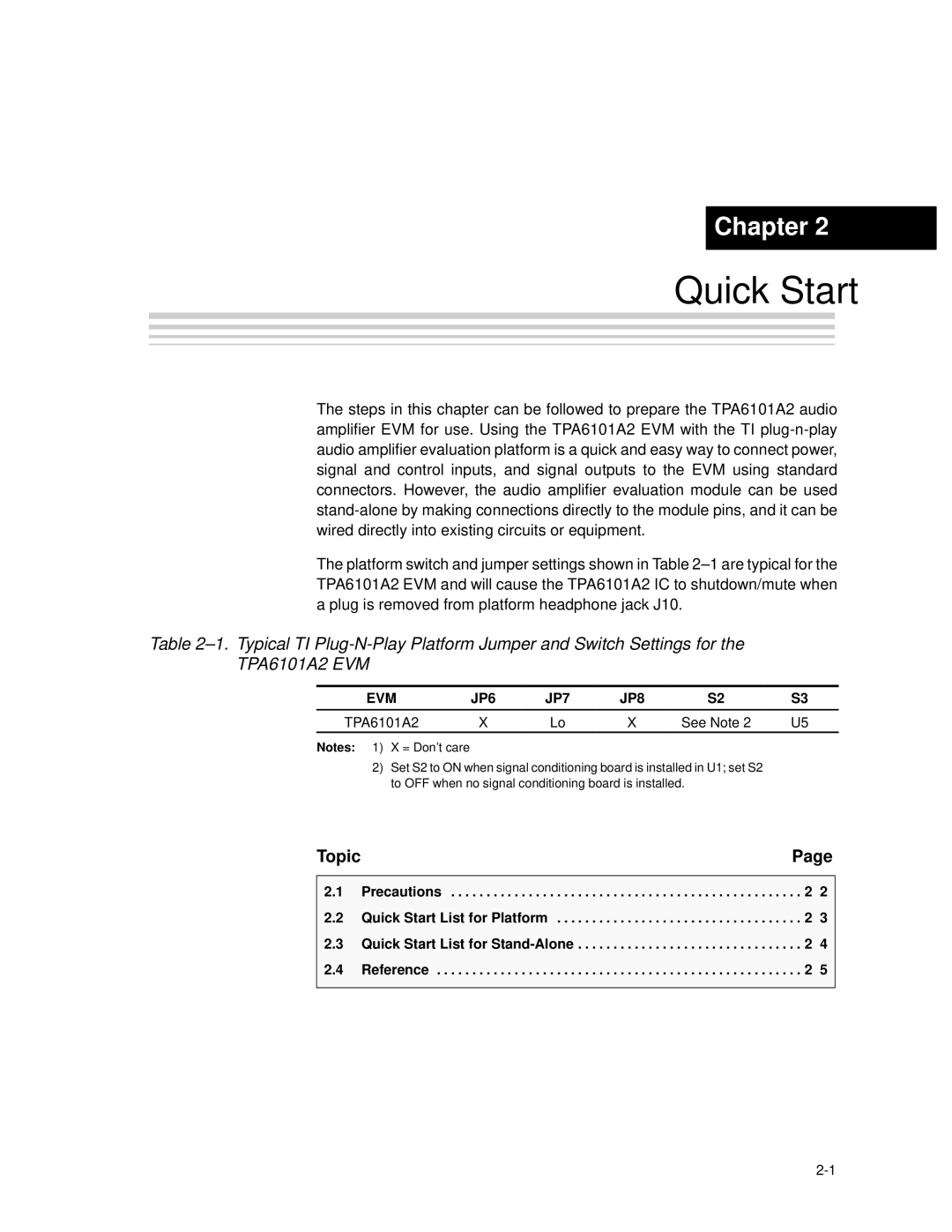 Texas Instruments TPA6101A2 manual Quick Start, JP7 