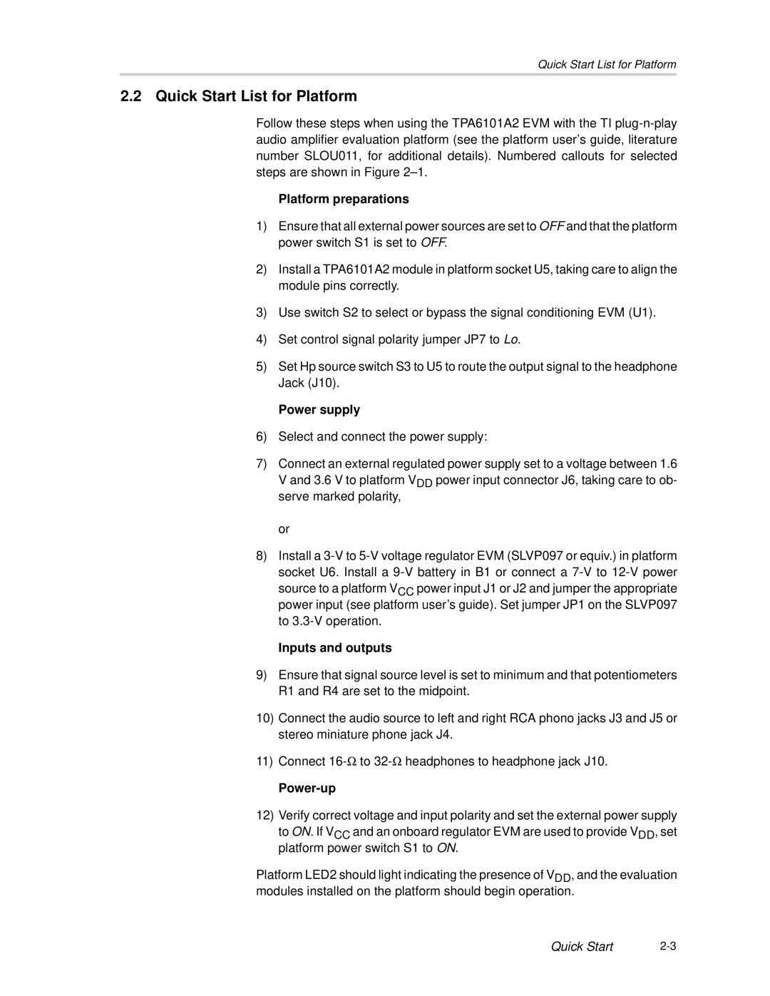 Texas Instruments TPA6101A2 manual Quick Start List for Platform, Platform preparations 