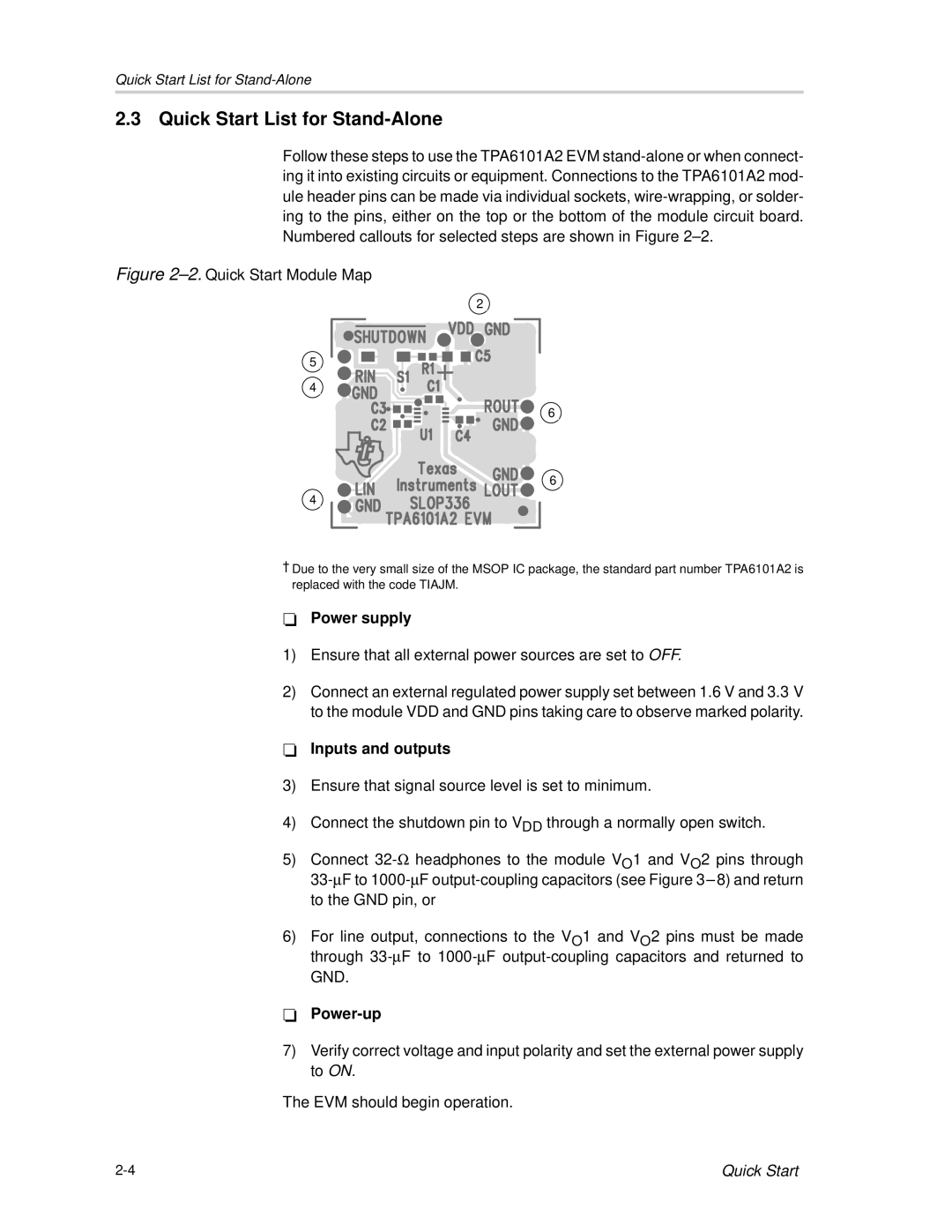 Texas Instruments TPA6101A2 manual Quick Start List for Stand-Alone, Ensure that all external power sources are set to OFF 