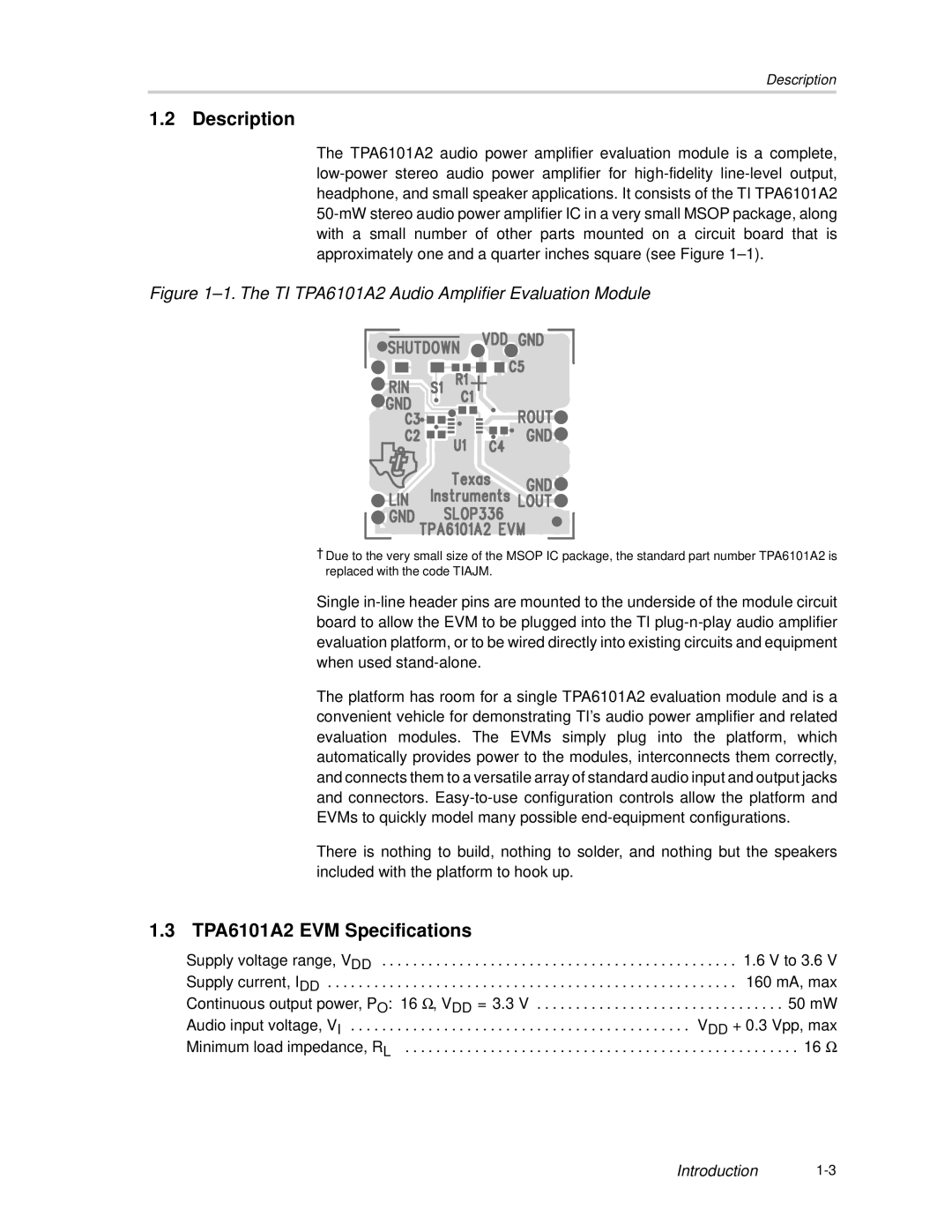 Texas Instruments manual Description, TPA6101A2 EVM Specifications 