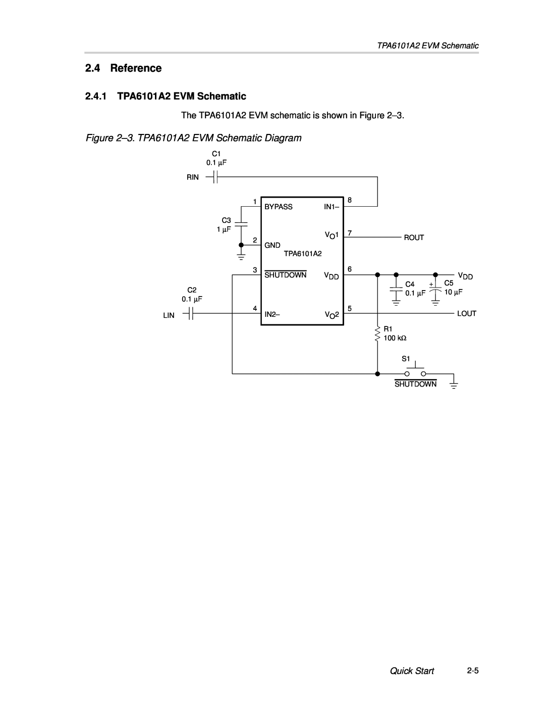 Texas Instruments manual Reference, 2.4.1TPA6101A2 EVM Schematic, 3.TPA6101A2 EVM Schematic Diagram, Quick Start 