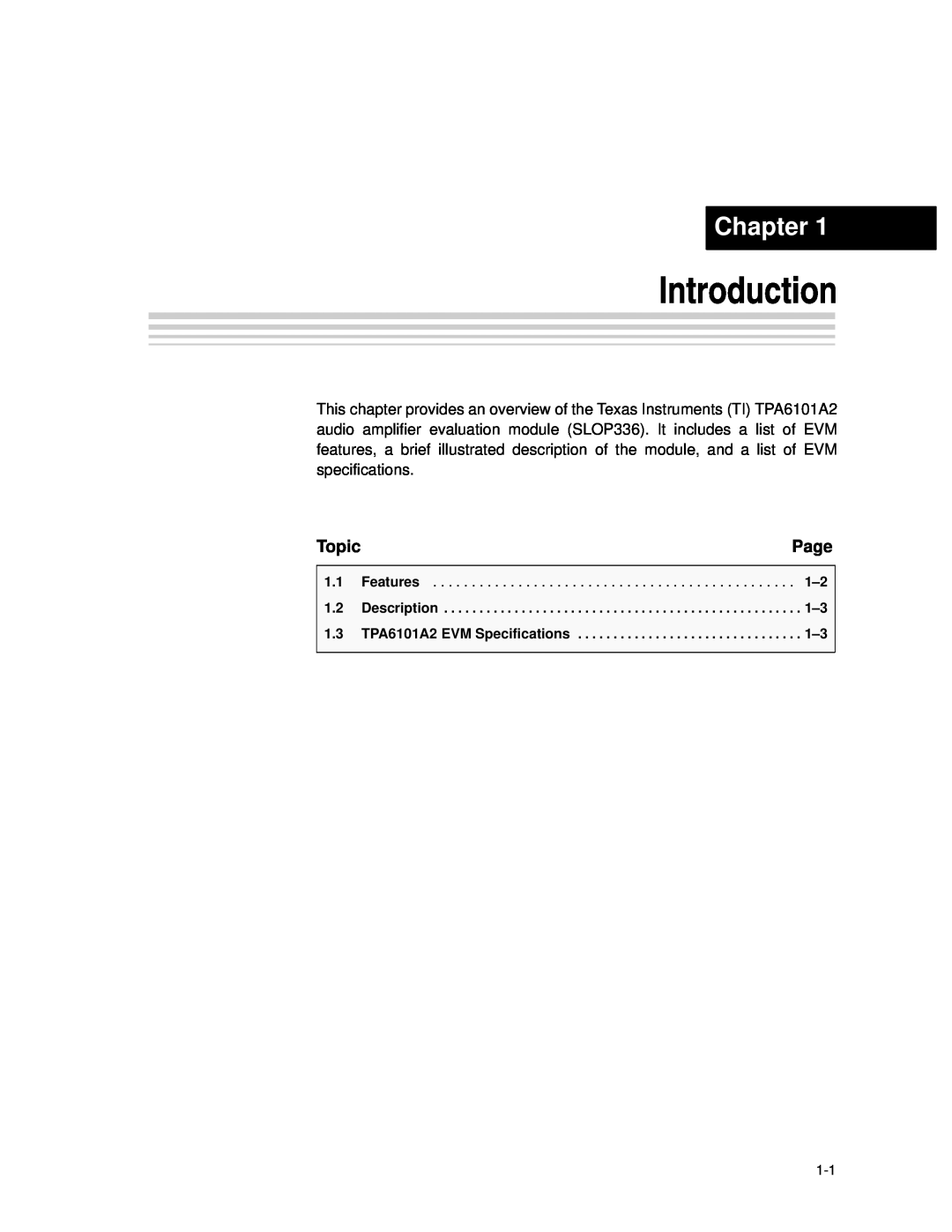 Texas Instruments TPA6101A2 manual Introduction, Chapter, Page, Topic 