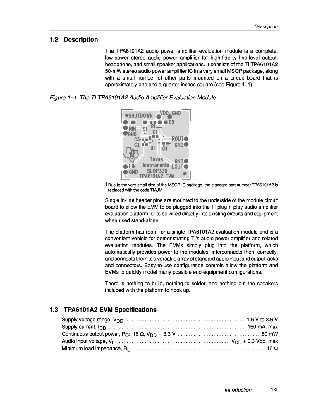 Texas Instruments manual Description, 1.3 TPA6101A2 EVM Specifications, Introduction 