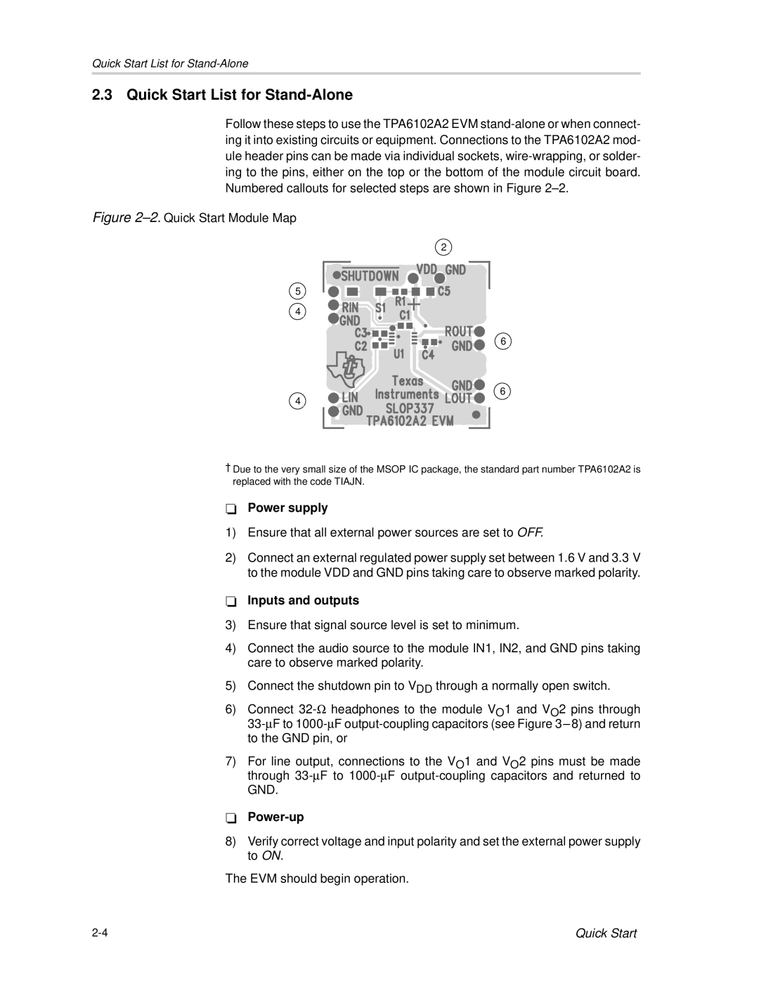 Texas Instruments TPA6102A2 manual Quick Start List for Stand-Alone, Ensure that all external power sources are set to OFF 