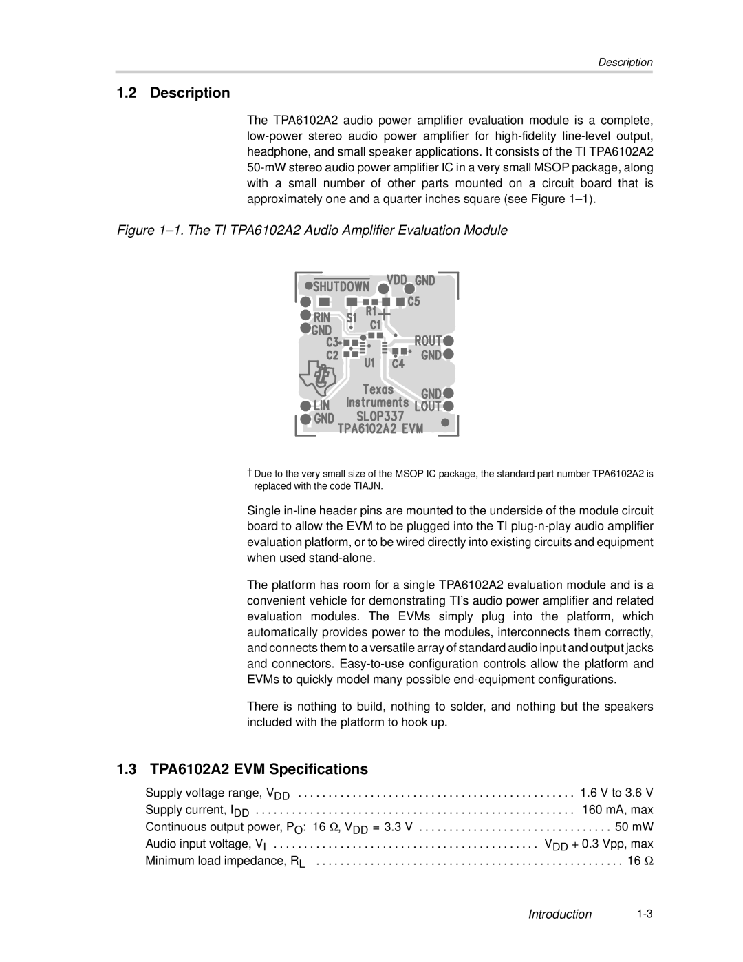 Texas Instruments manual Description, TPA6102A2 EVM Specifications 