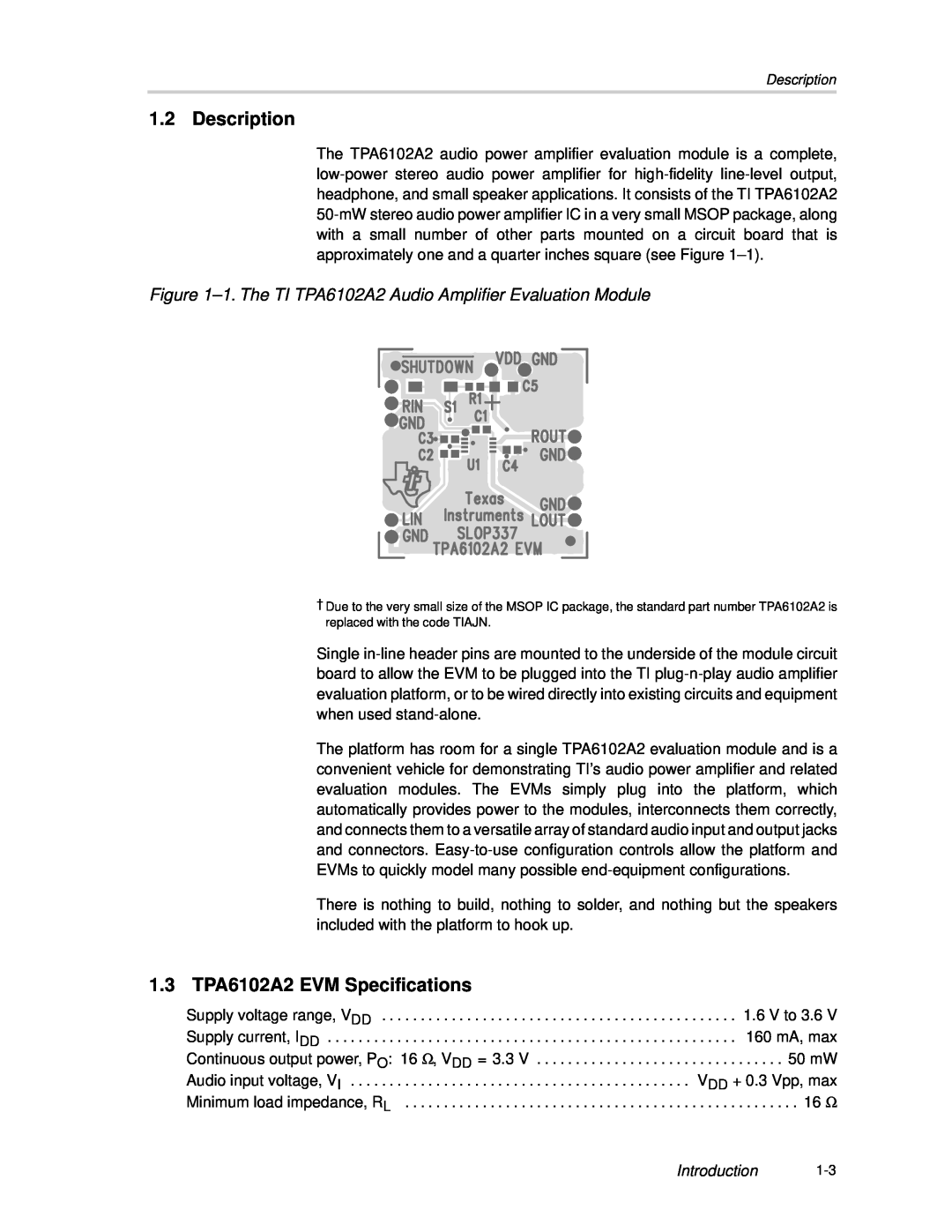 Texas Instruments manual Description, 1.3 TPA6102A2 EVM Specifications, Introduction 
