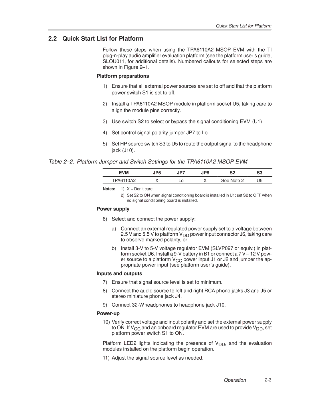 Texas Instruments TPA6110A2 MSOP manual Quick Start List for Platform, Platform preparations 