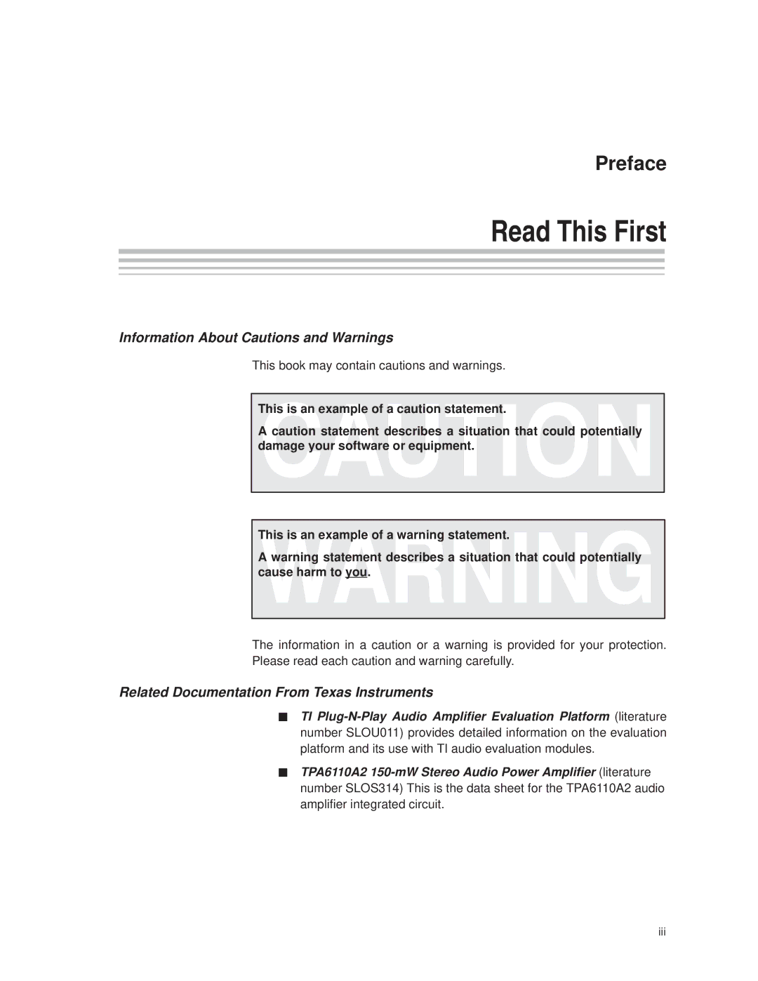 Texas Instruments TPA6110A2 MSOP manual Read This First, Information About Cautions and Warnings 