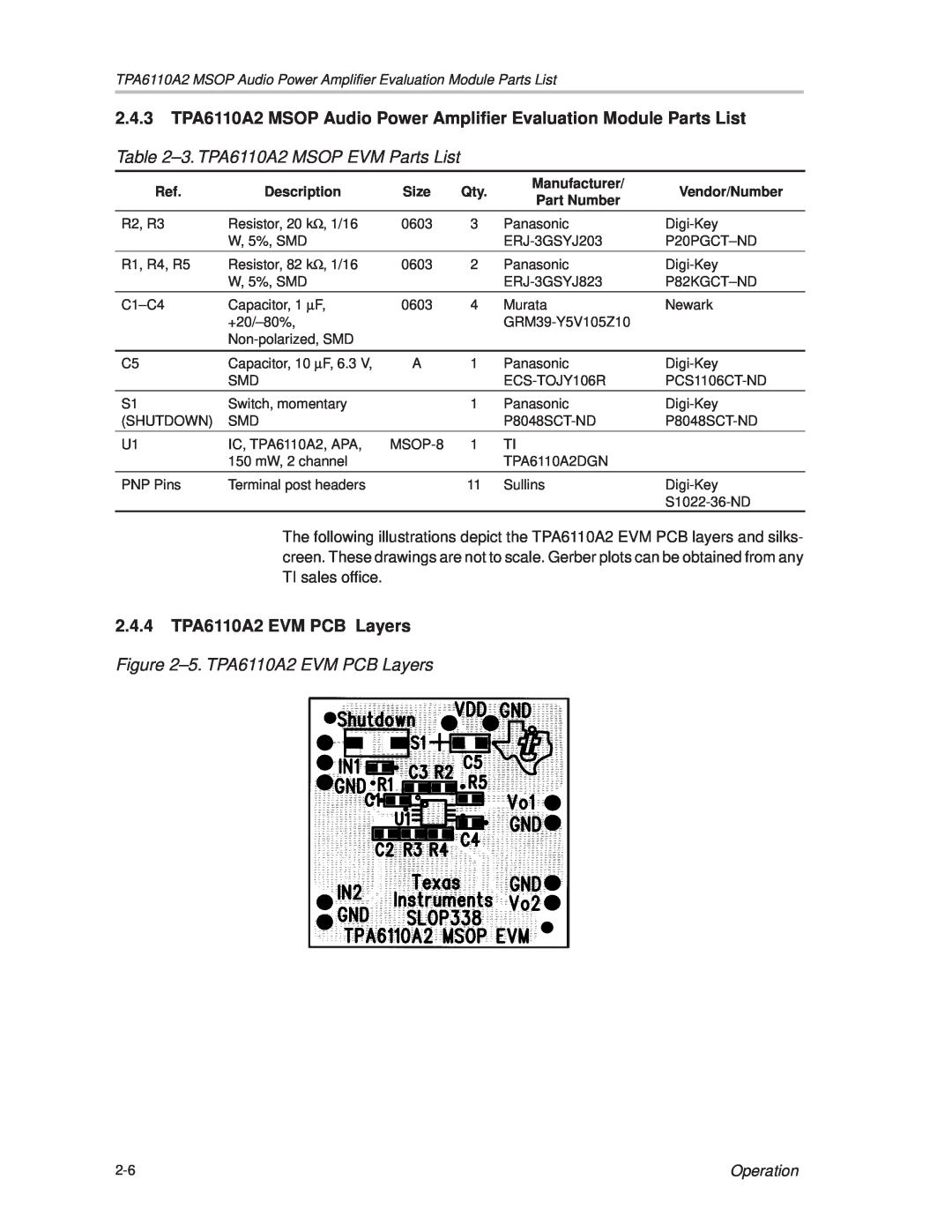 Texas Instruments manual ±3. TPA6110A2 MSOP EVM Parts List, 2.4.4TPA6110A2 EVM PCB Layers, ±5. TPA6110A2 EVM PCB Layers 