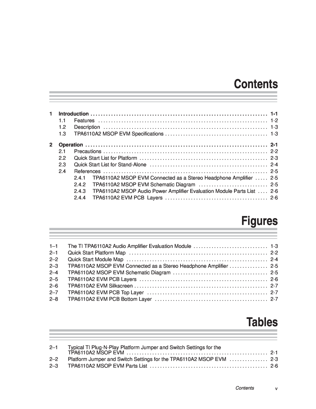 Texas Instruments TPA6110A2 MSOP manual Contents, Tables, Figures 