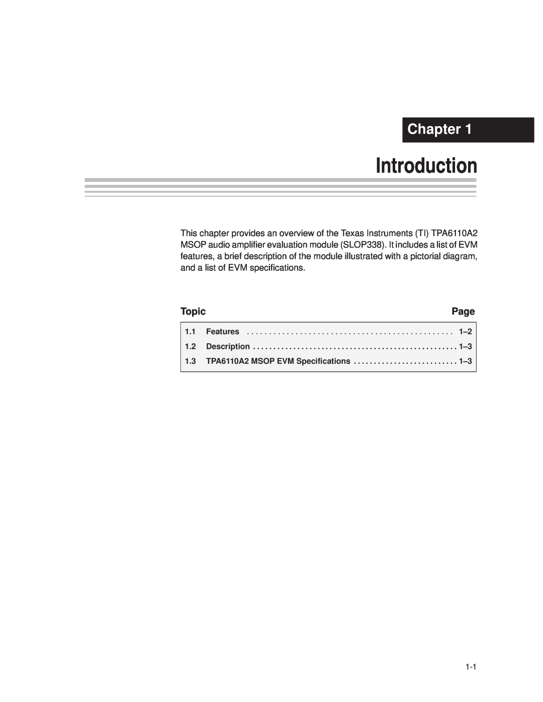 Texas Instruments TPA6110A2 MSOP manual Introduction, Chapter, Page, Topic 