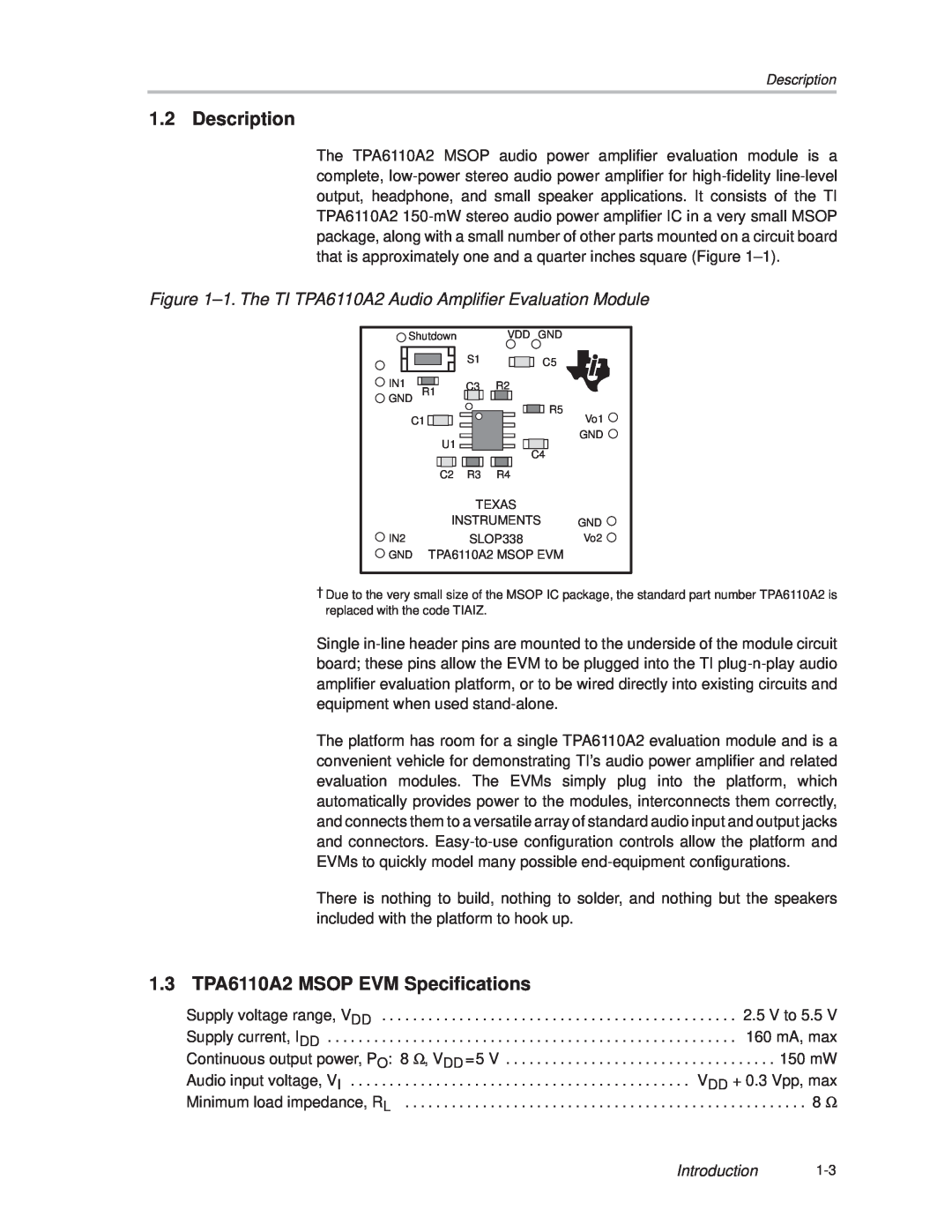 Texas Instruments manual Description, 1.3 TPA6110A2 MSOP EVM Specifications, Introduction 