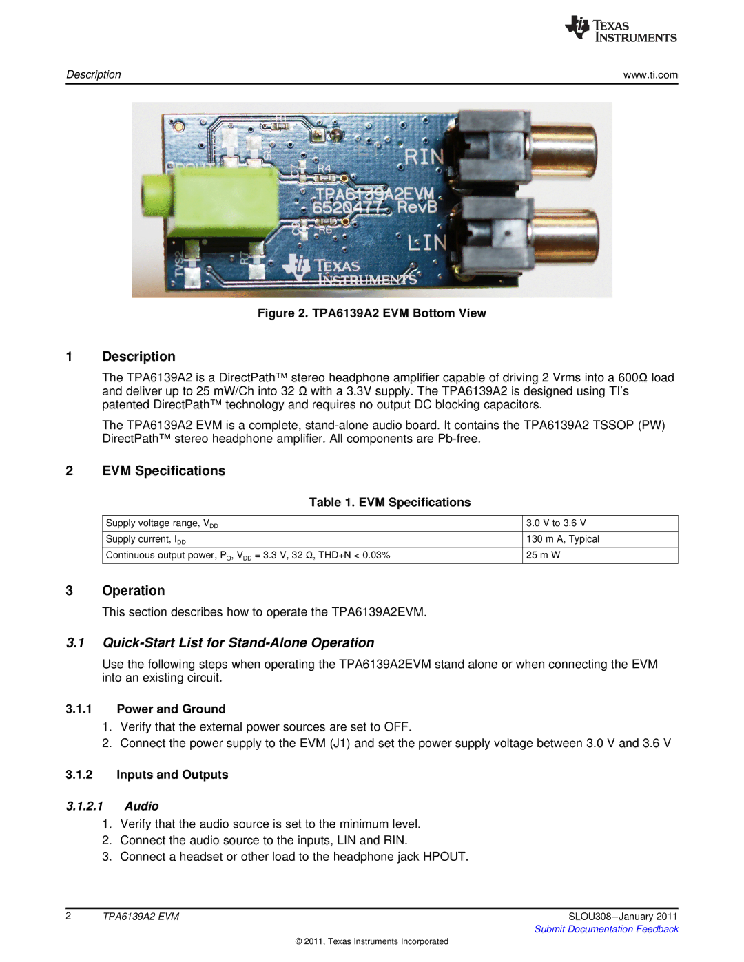 Texas Instruments TPA6139A2 EVM Description, EVM Specifications, Quick-Start List for Stand-Alone Operation, Audio 