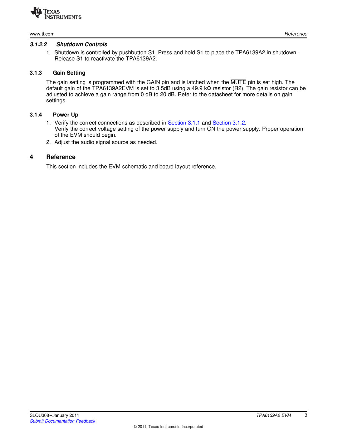 Texas Instruments TPA6139A2 EVM specifications Reference, Shutdown Controls, Gain Setting, Power Up 