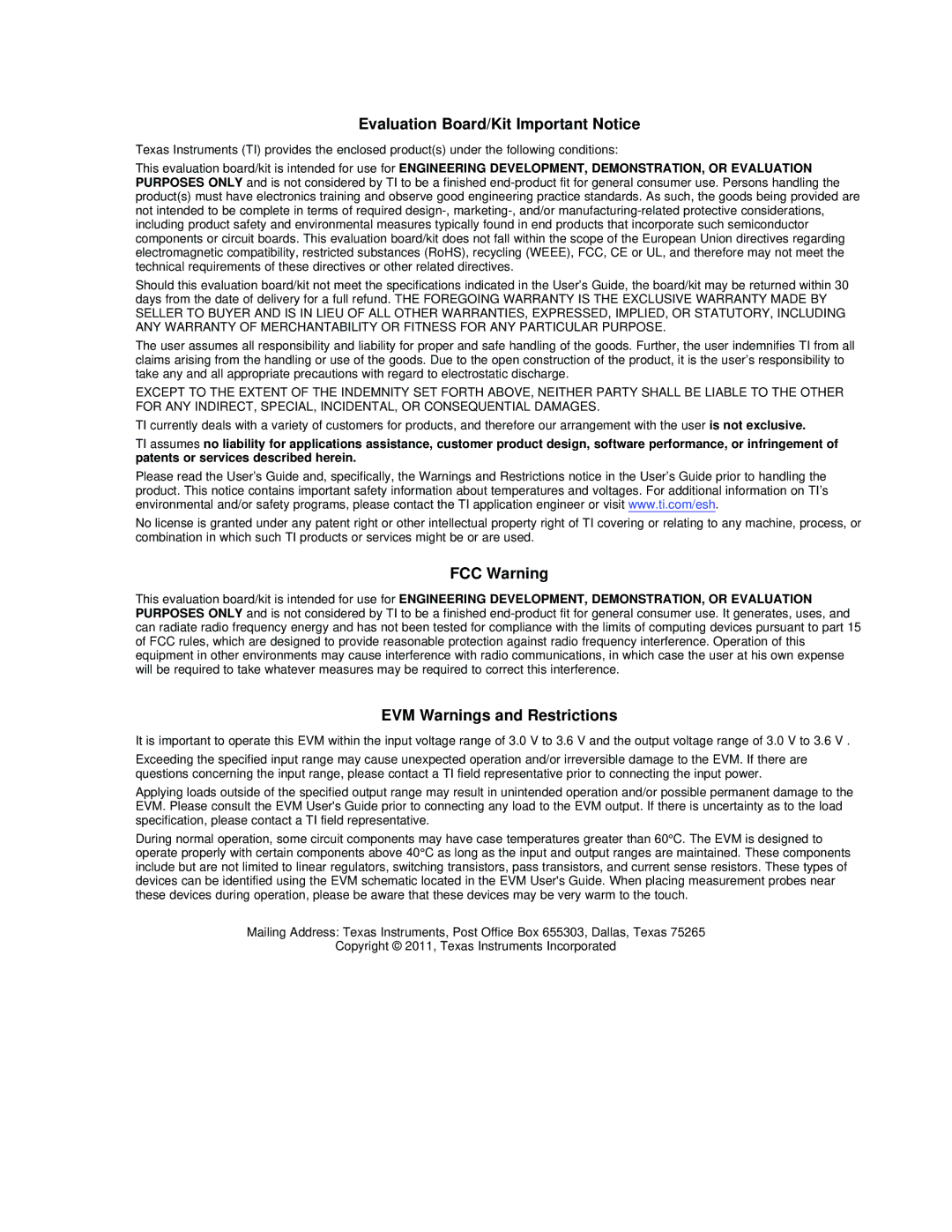 Texas Instruments TPA6139A2 EVM Evaluation Board/Kit Important Notice, FCC Warning, EVM Warnings and Restrictions 