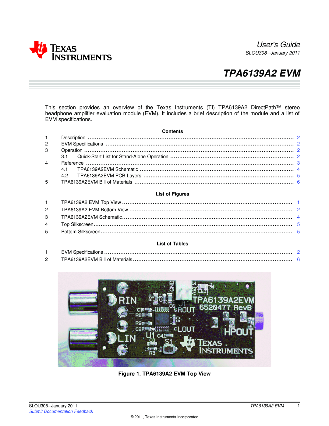 Texas Instruments specifications TPA6139A2 EVM Top View, Users Guide, Description, EVM Specifications, Operation 