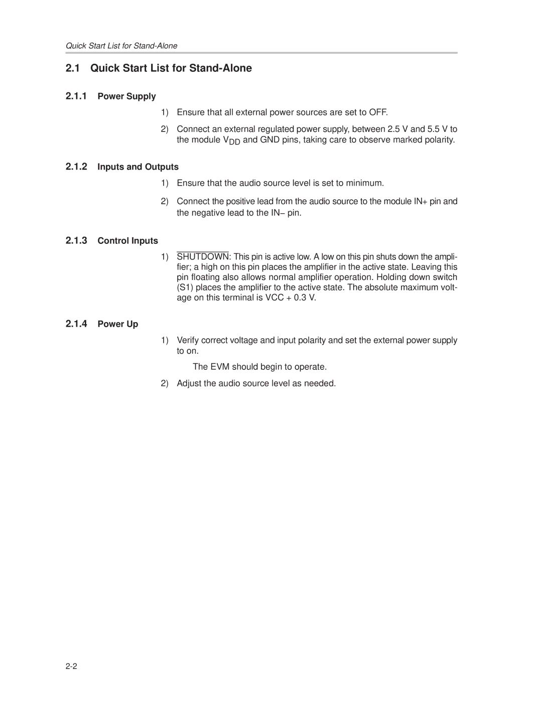 Texas Instruments TPA6204A1 manual Quick Start List for Stand-Alone 