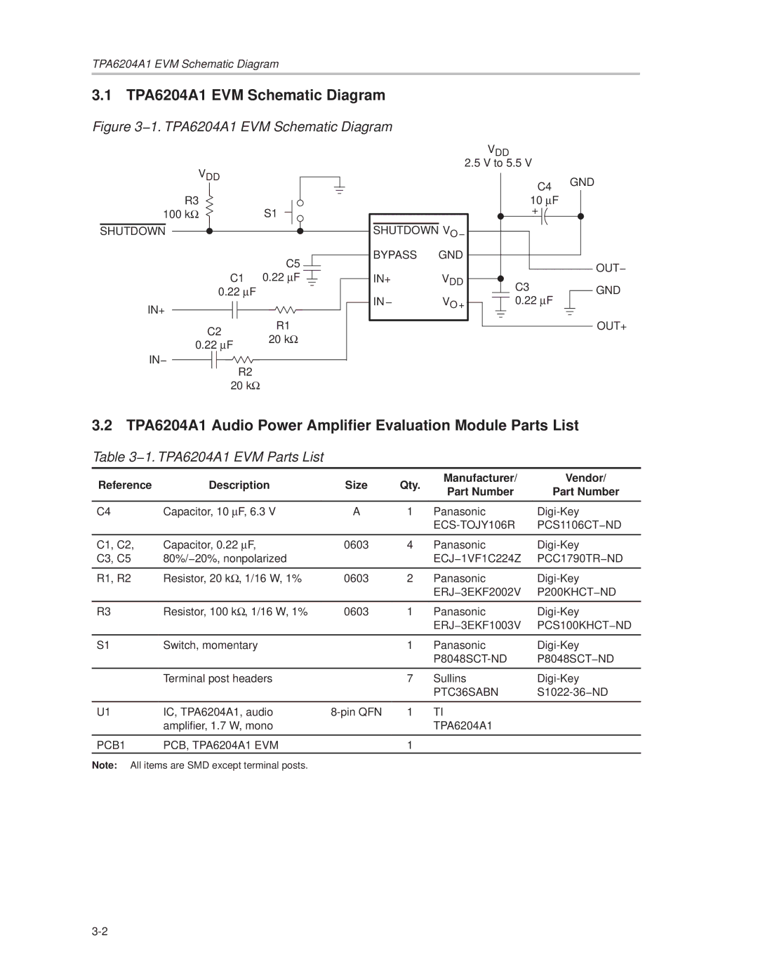 Texas Instruments manual TPA6204A1 Audio Power Amplifier Evaluation Module Parts List 