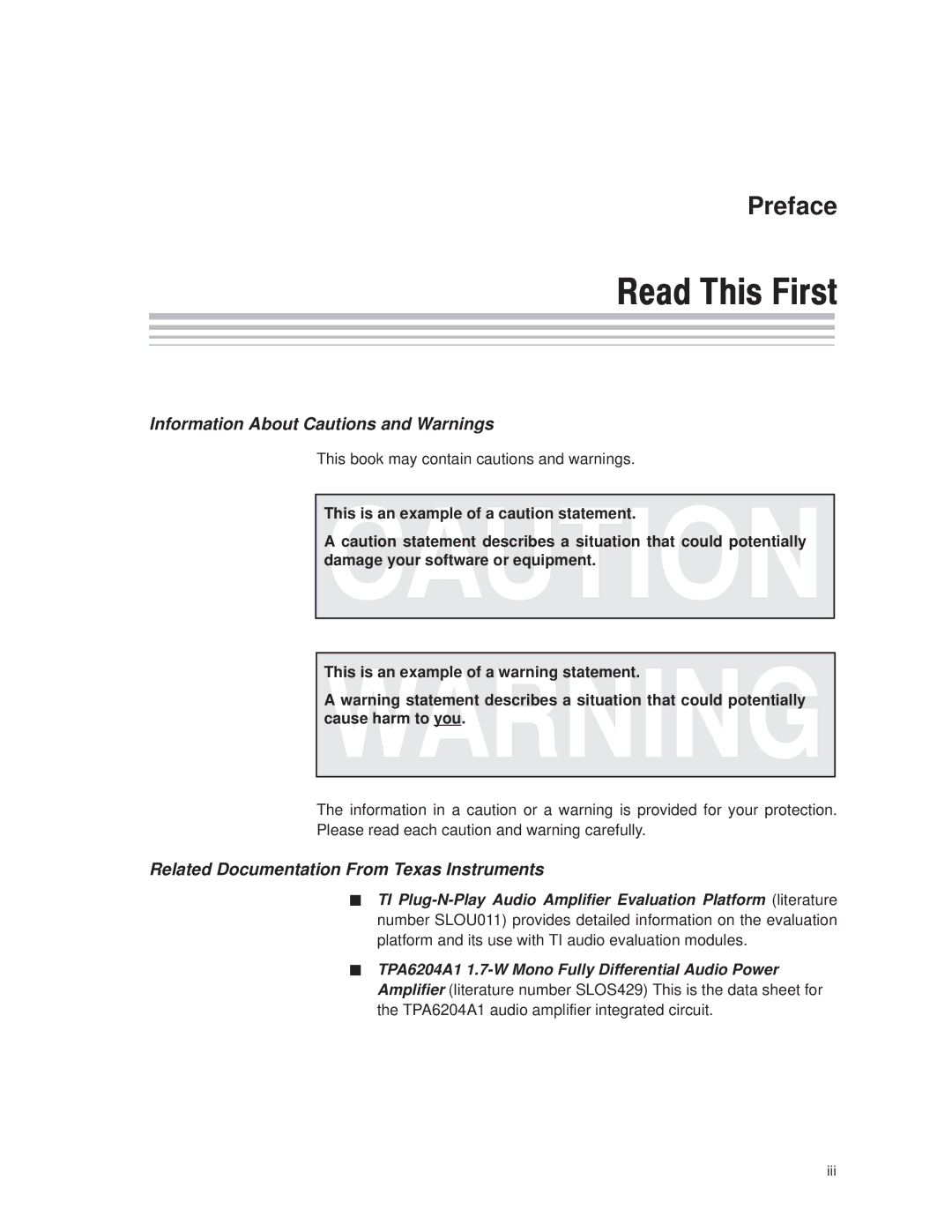 Texas Instruments TPA6204A1 manual Read This First, Information About Cautions and Warnings 