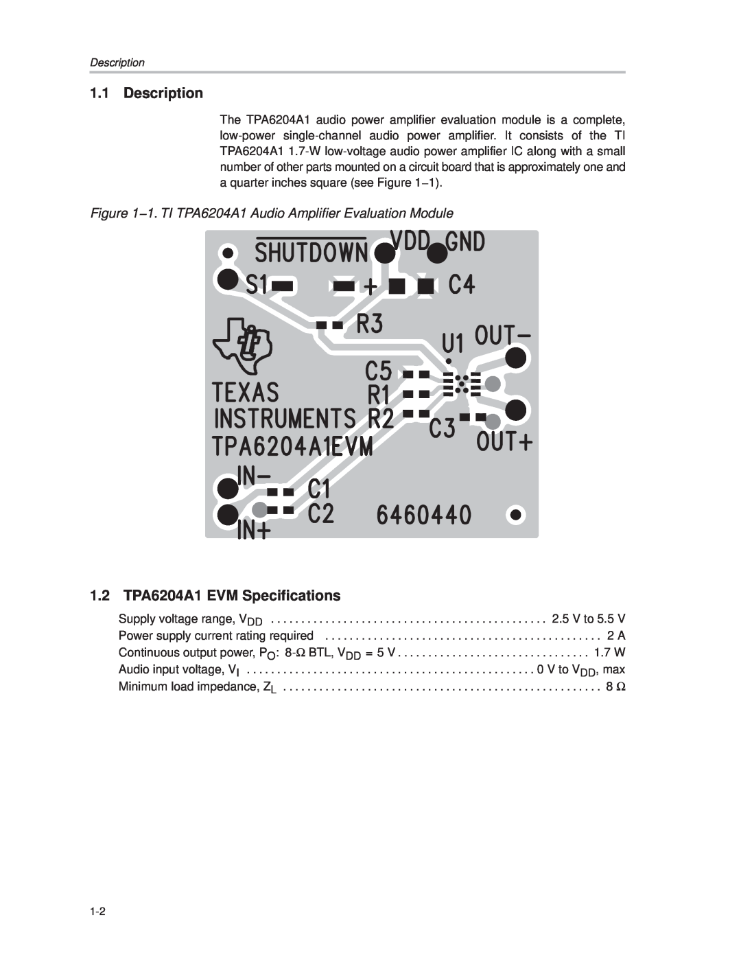 Texas Instruments manual Description, 1.2 TPA6204A1 EVM Specifications 