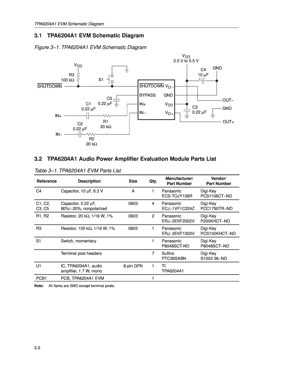 Texas Instruments 3.1 TPA6204A1 EVM Schematic Diagram, 1. TPA6204A1 EVM Schematic Diagram, 1. TPA6204A1 EVM Parts List 
