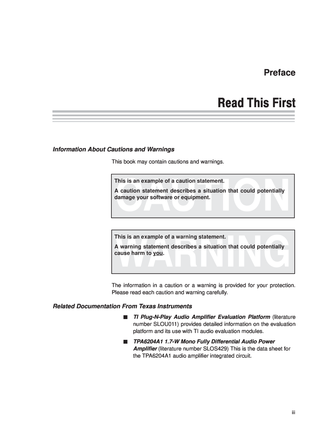 Texas Instruments TPA6204A1 manual Read This First, Information About Cautions and Warnings, Preface 
