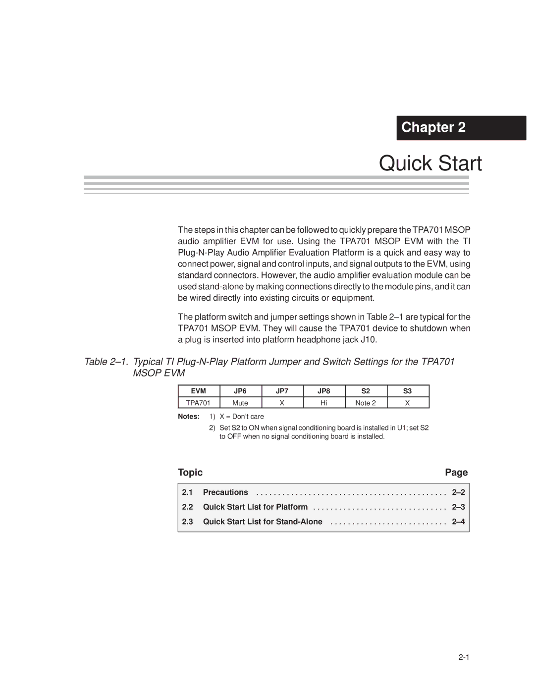 Texas Instruments TPA701 manual Quick Start, Msop EVM 