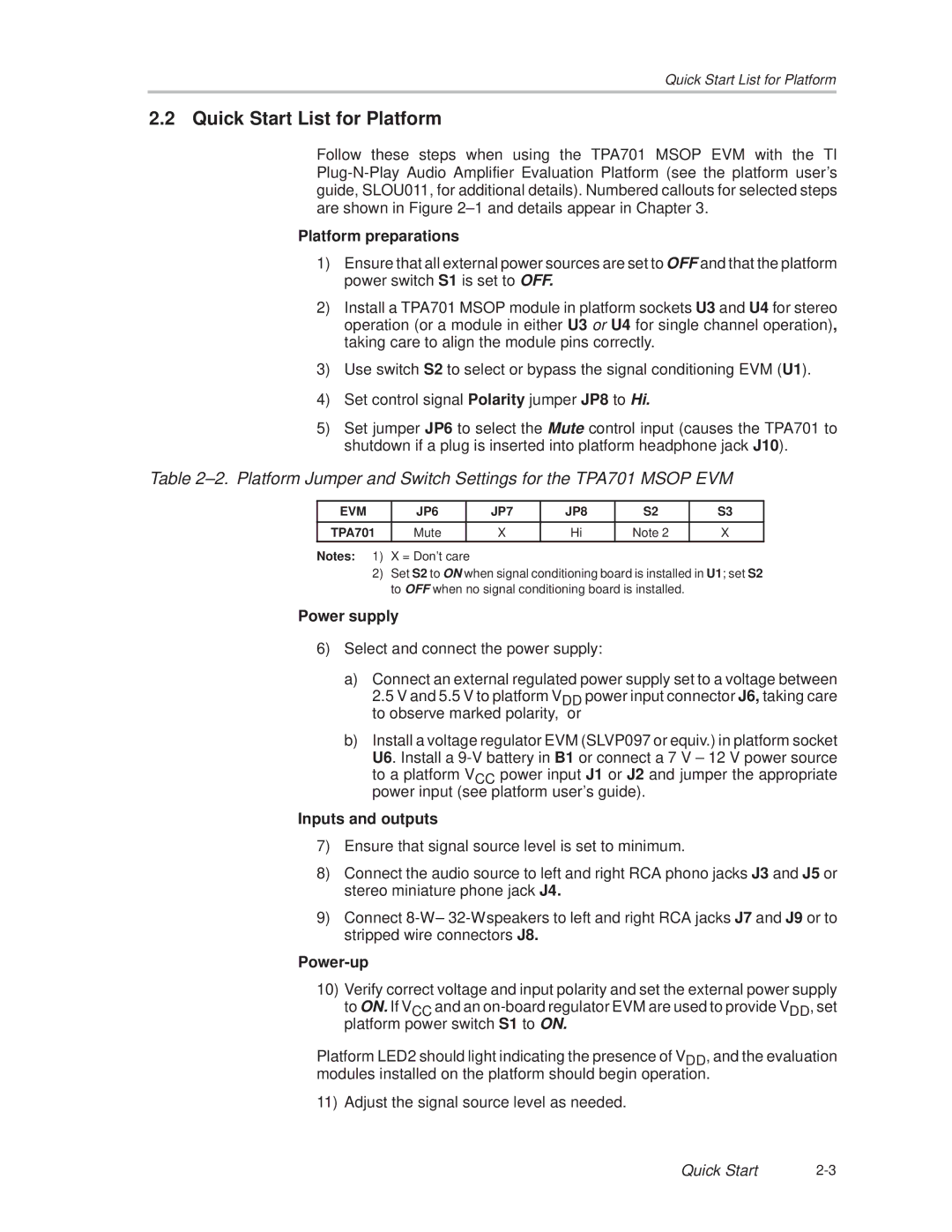 Texas Instruments TPA701 manual Quick Start List for Platform, Platform preparations 