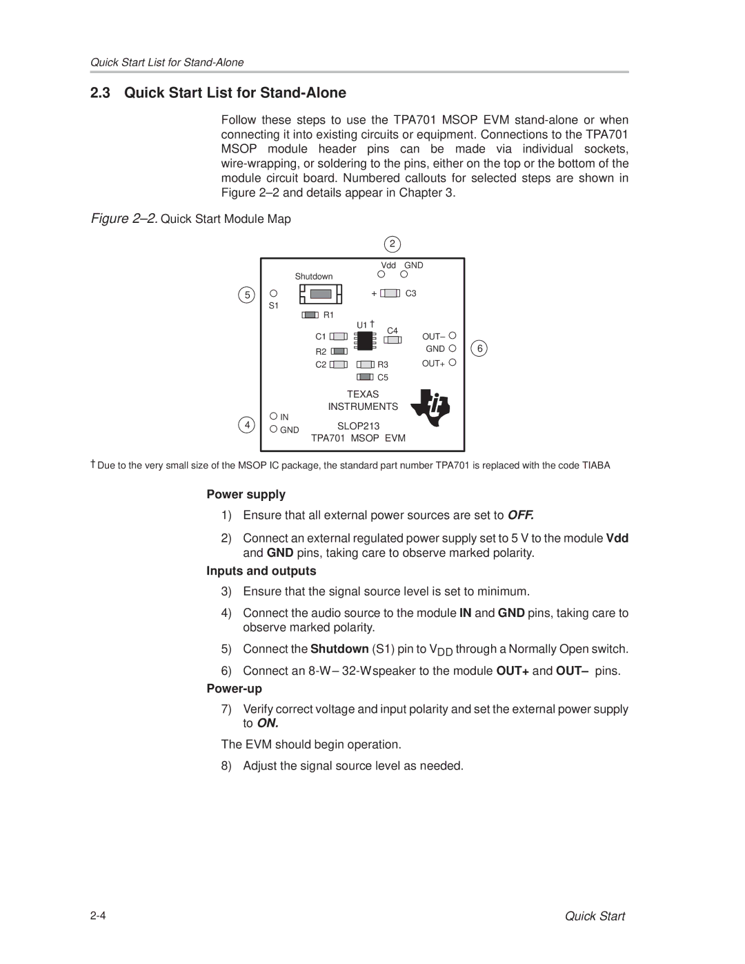 Texas Instruments TPA701 manual Quick Start List for Stand-Alone, ±2. Quick Start Module Map 