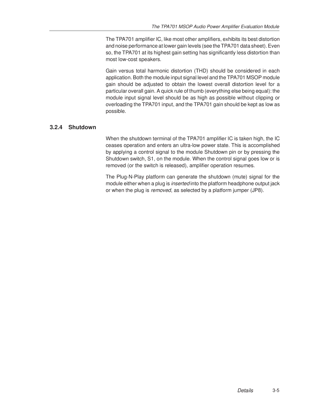 Texas Instruments TPA701 manual Shutdown 