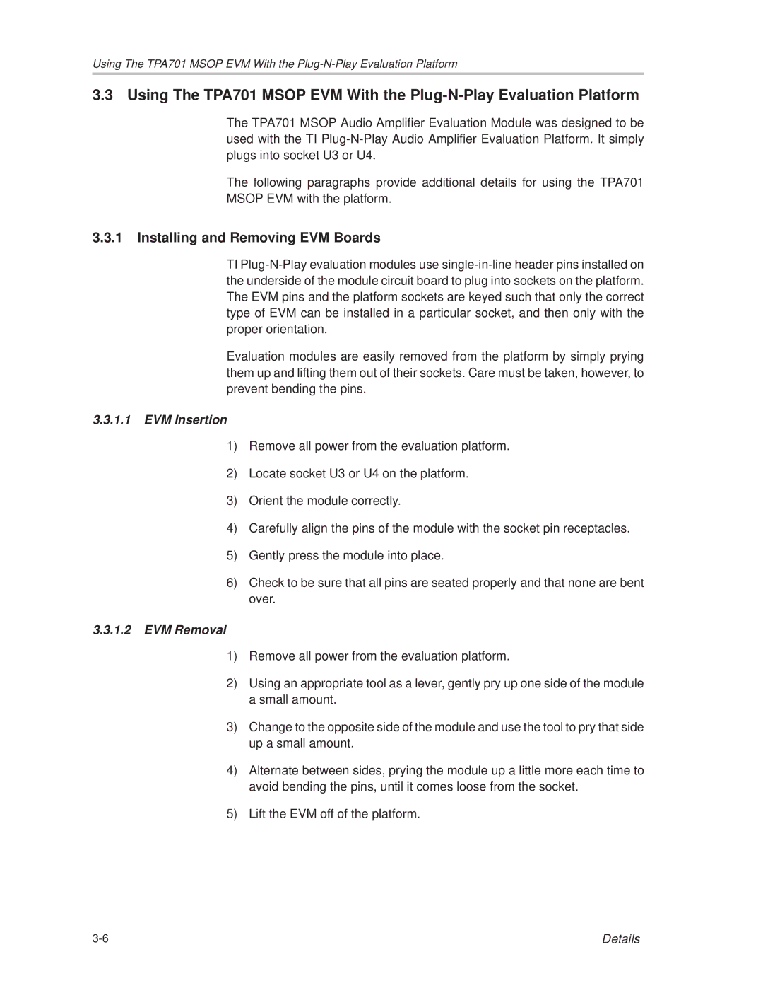 Texas Instruments TPA701 manual Installing and Removing EVM Boards, EVM Insertion 