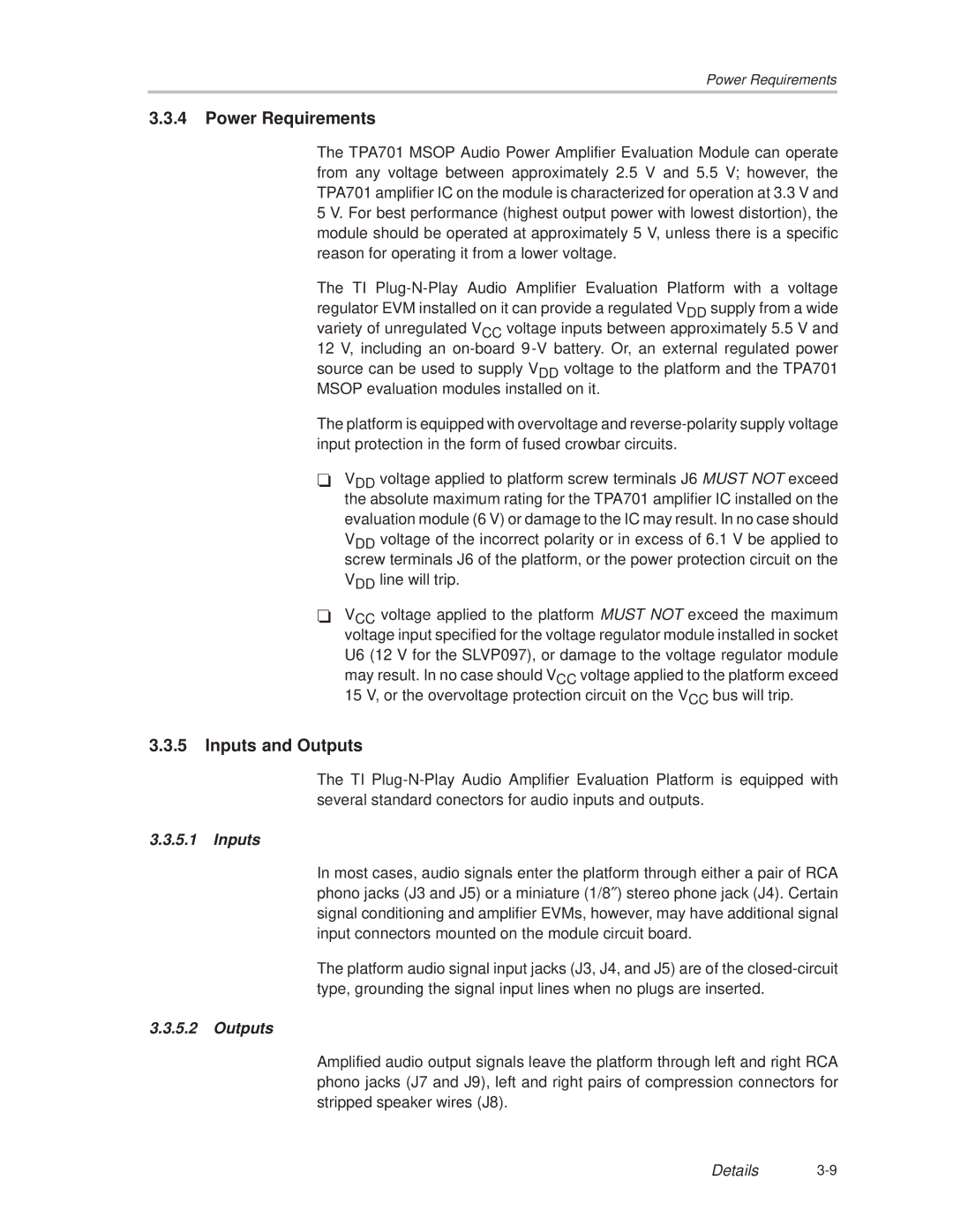 Texas Instruments TPA701 manual Power Requirements, Inputs and Outputs 