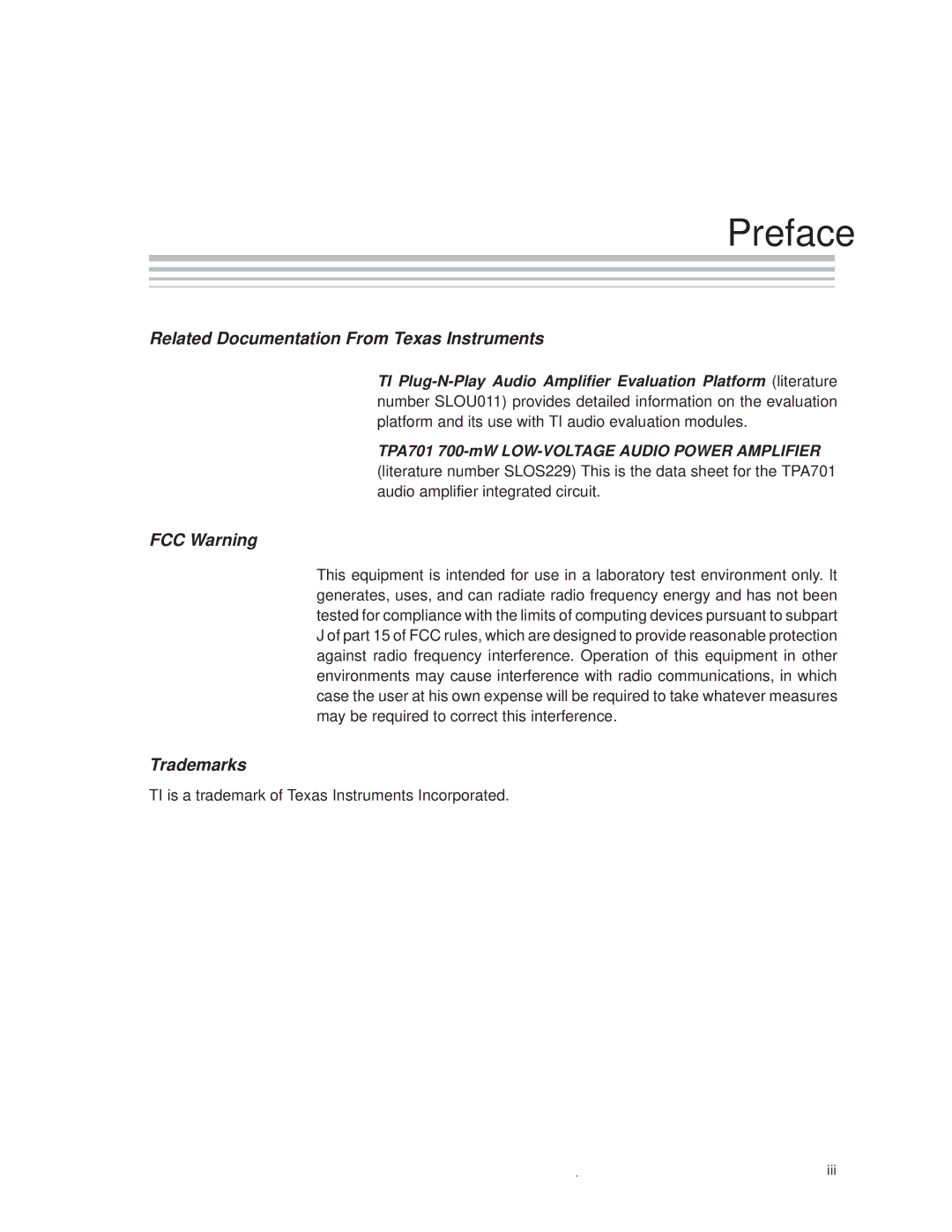 Texas Instruments TPA701 manual Preface, Related Documentation From Texas Instruments 