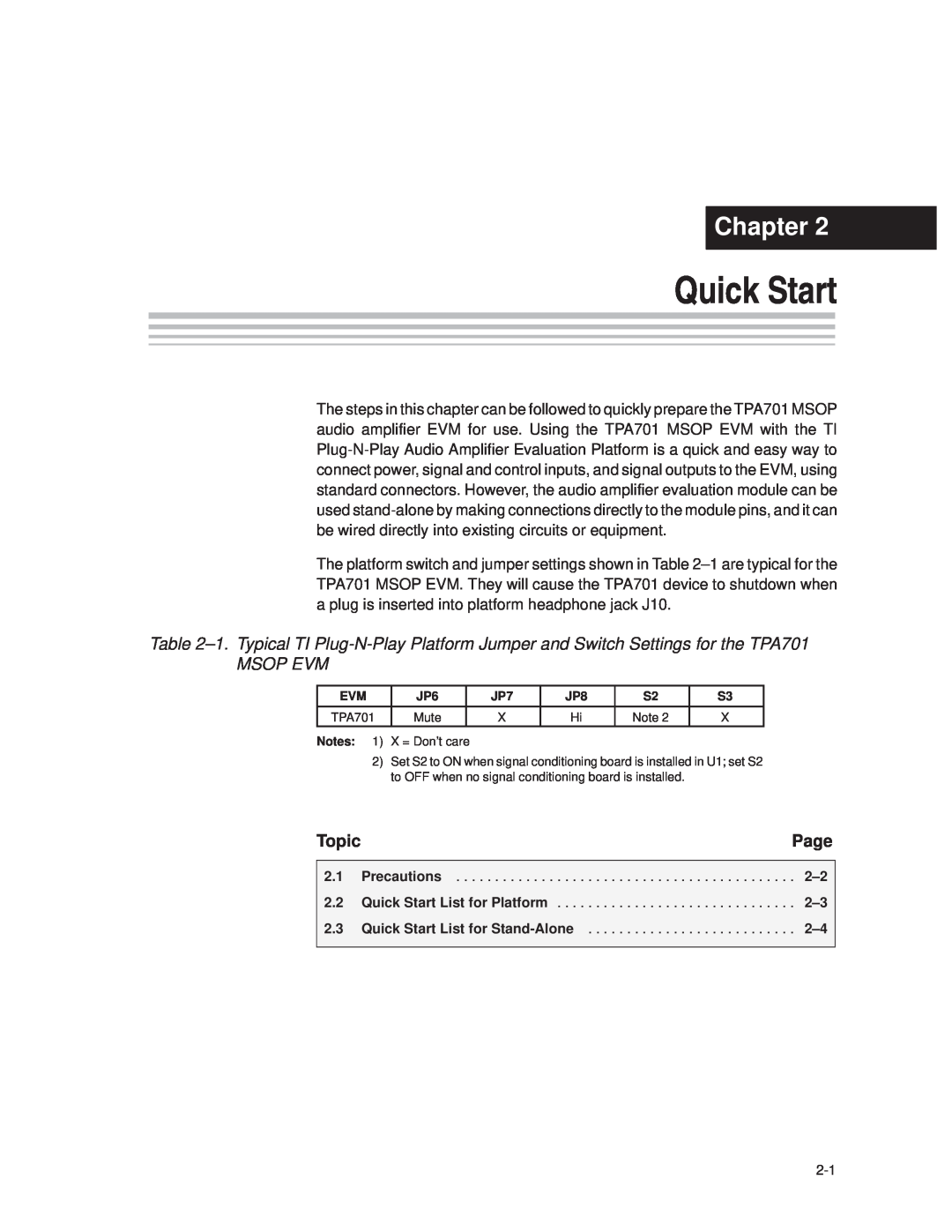 Texas Instruments TPA701 manual Quick Start, Msop Evm, Chapter, Page, Topic 