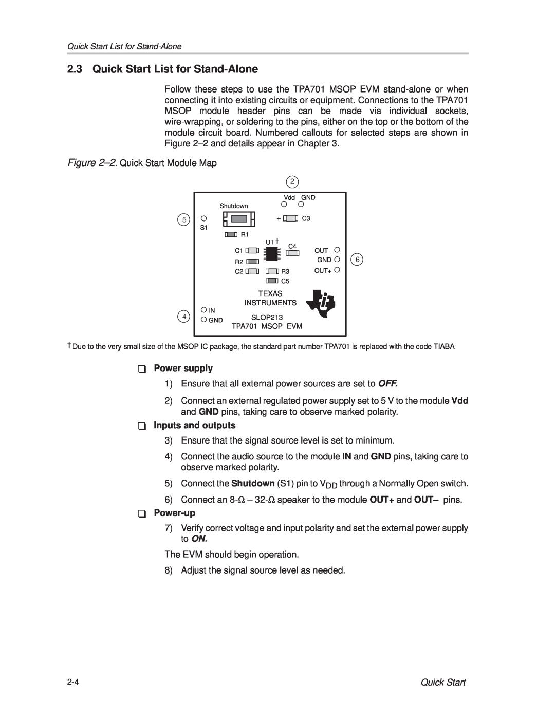 Texas Instruments TPA701 manual Quick Start List for Stand-Alone 
