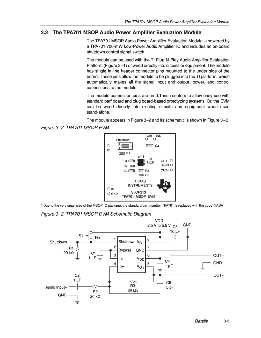 Texas Instruments manual ±2. TPA701 MSOP EVM, ±3. TPA701 MSOP EVM Schematic Diagram, Details 