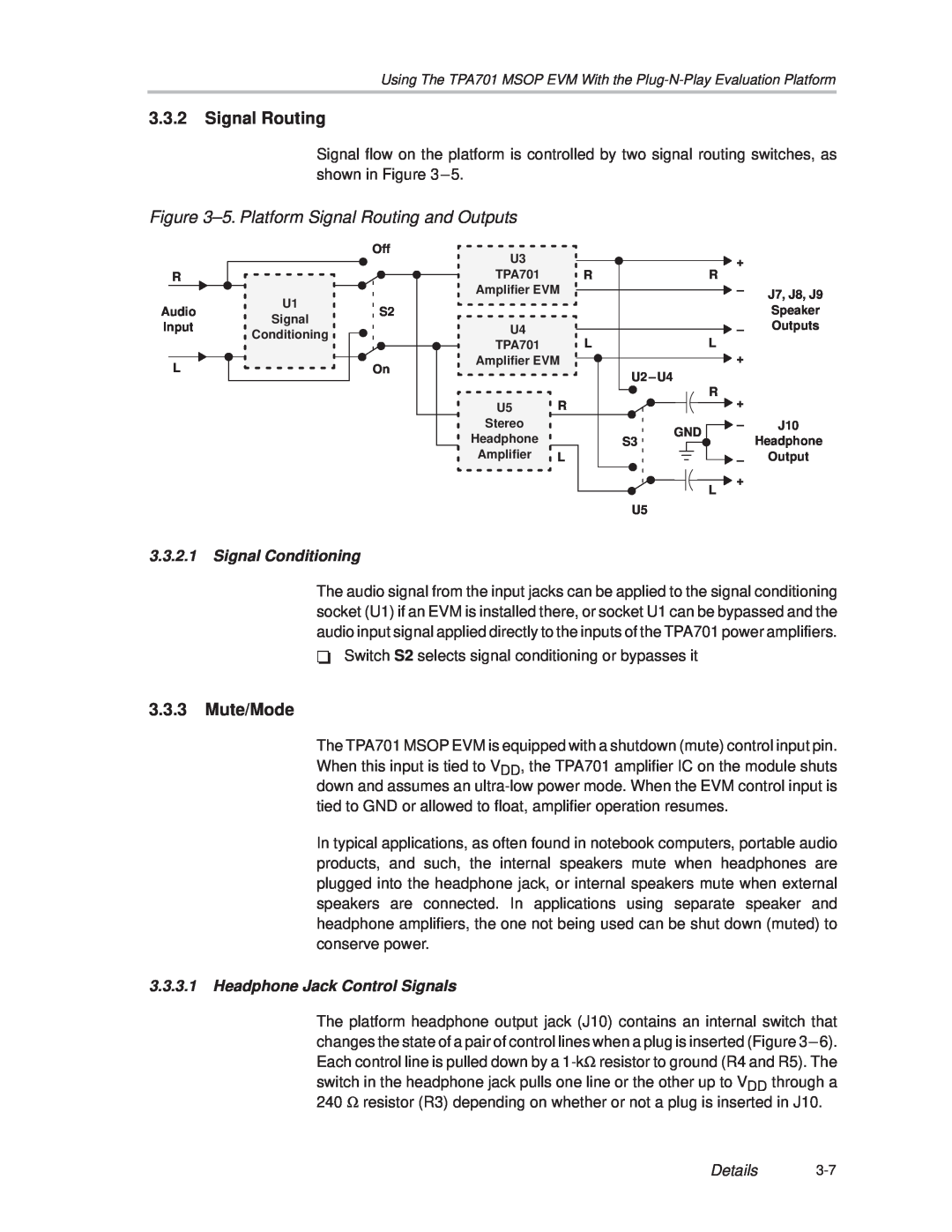 Texas Instruments TPA701 manual 3.3.2Signal Routing, ±5. Platform Signal Routing and Outputs, 3.3.3Mute/Mode, Details 