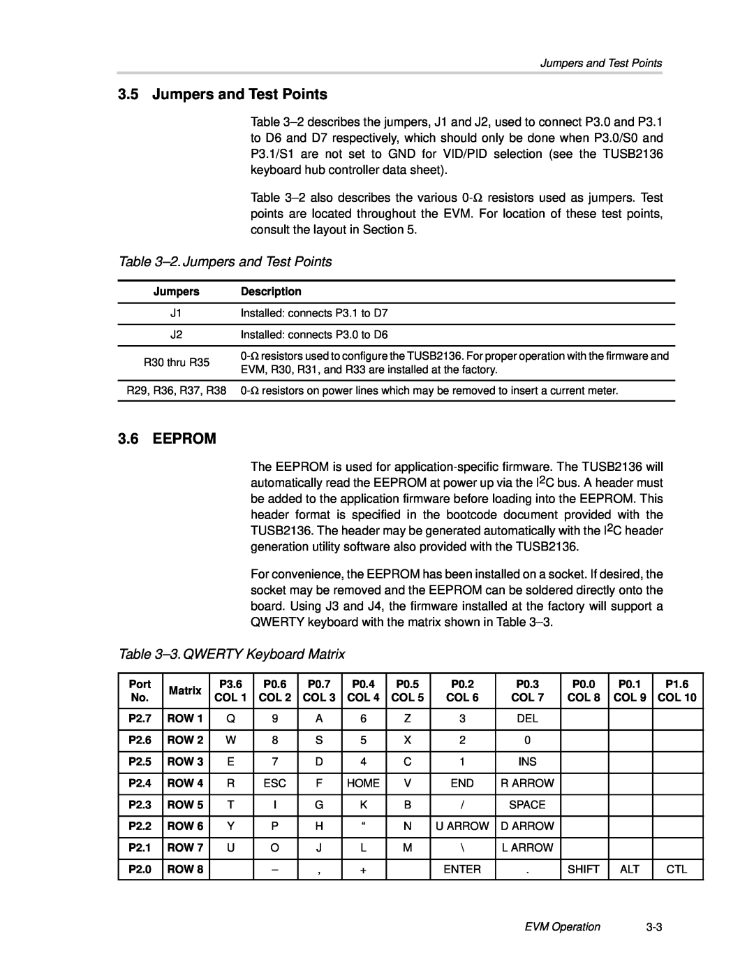 Texas Instruments TPS2149 manual 2. Jumpers and Test Points, Eeprom, 3. QWERTY Keyboard Matrix 