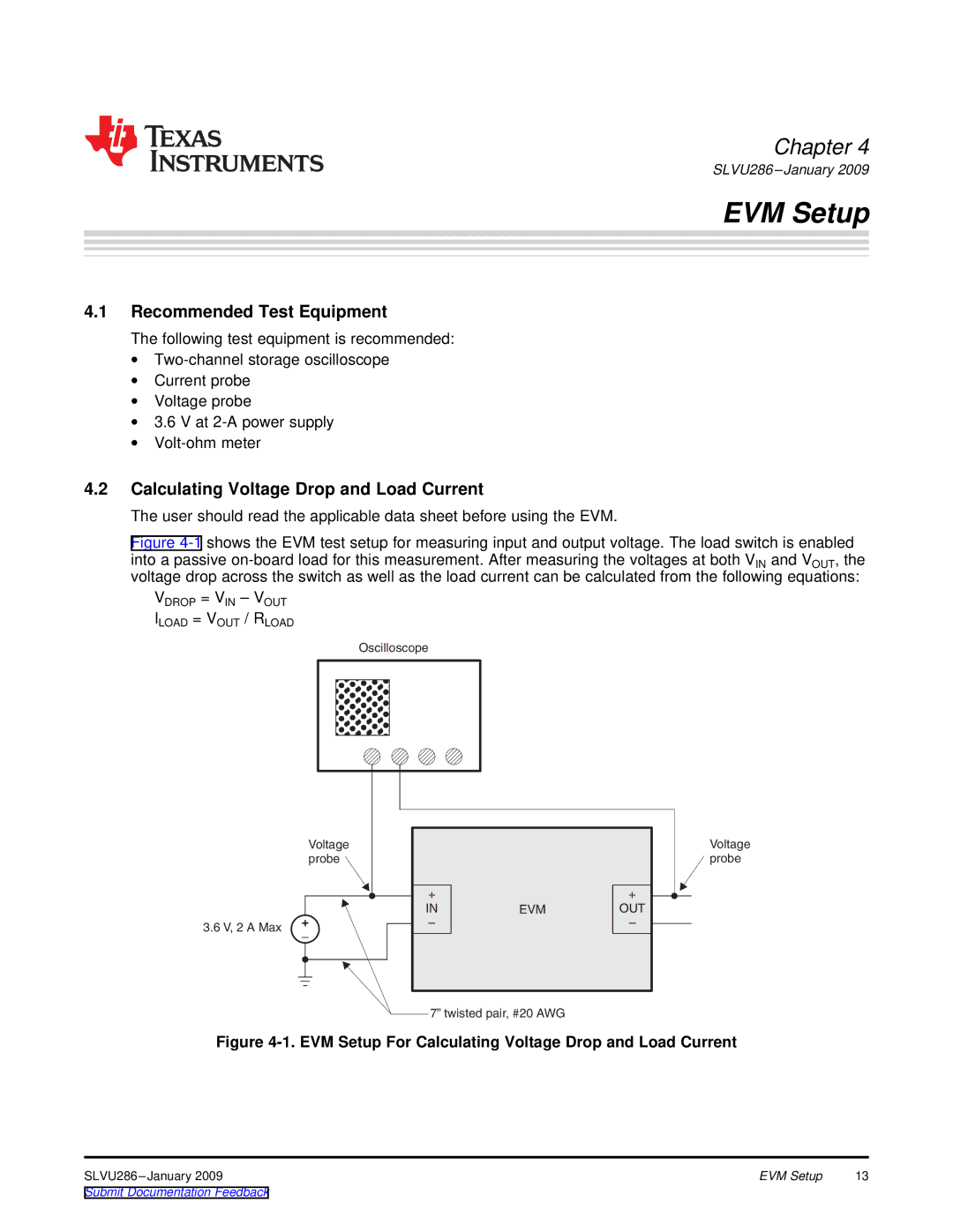 Texas Instruments TPS22922B, TPS22921 EVM Setup, Recommended Test Equipment, Calculating Voltage Drop and Load Current 