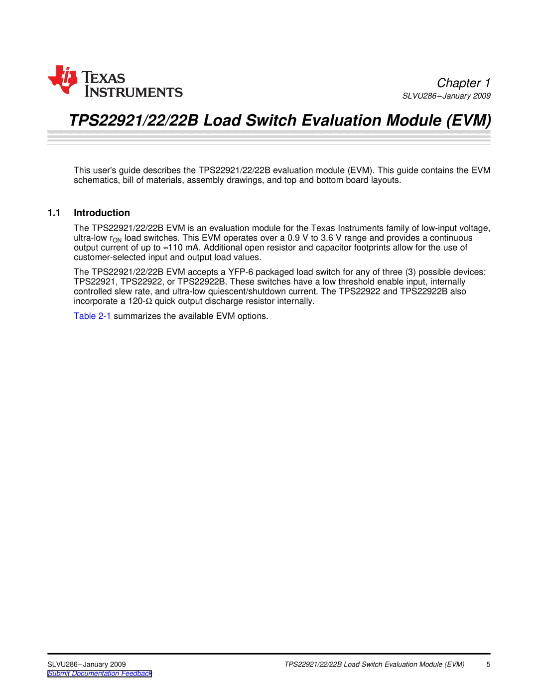 Texas Instruments TPS22922B manual TPS22921/22/22B Load Switch Evaluation Module EVM, Introduction 