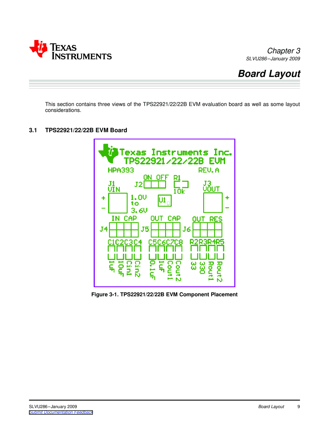 Texas Instruments TPS22922B manual Board Layout, TPS22921/22/22B EVM Board 