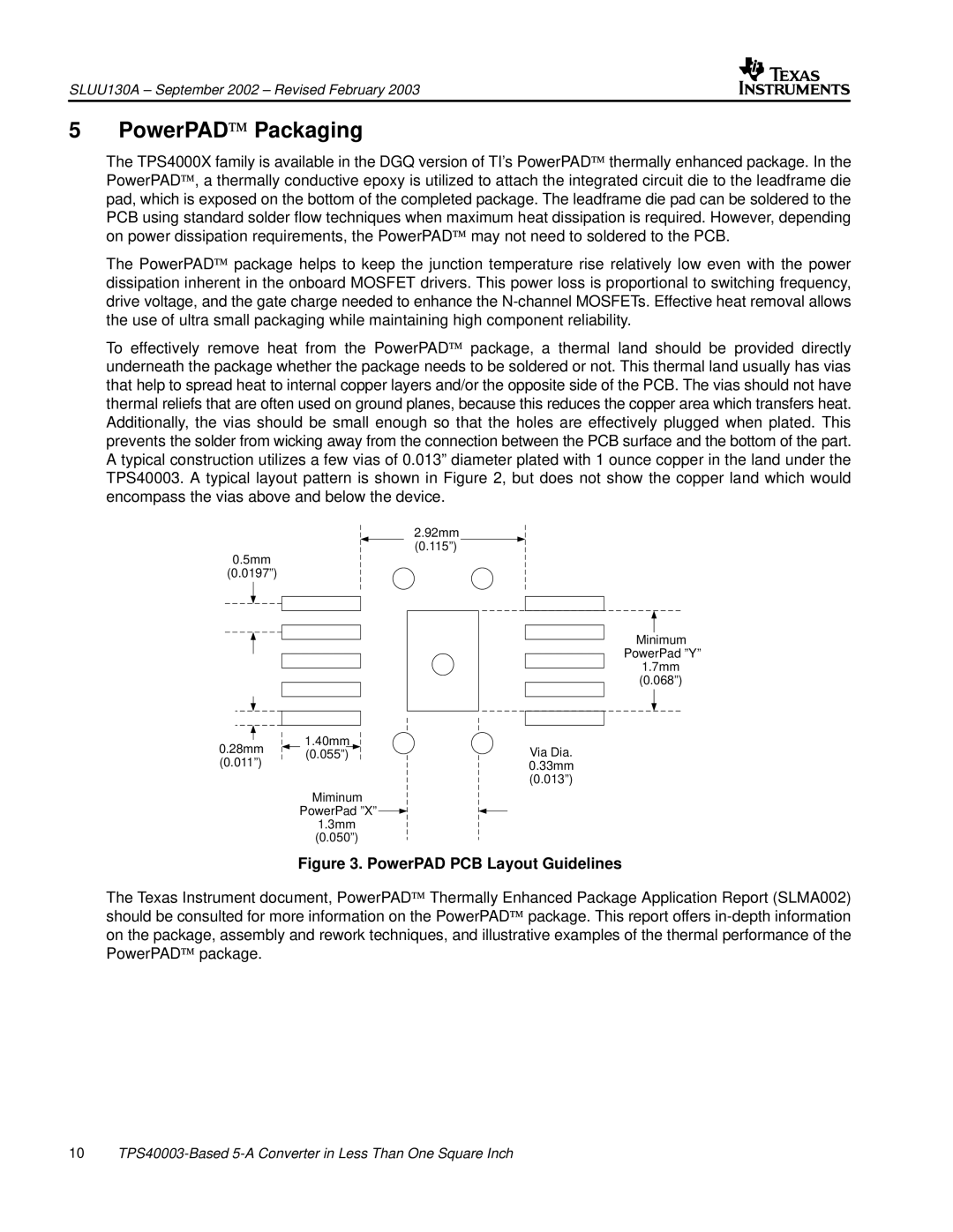 Texas Instruments TPS40003 manual PowerPAD Packaging, PowerPAD PCB Layout Guidelines 